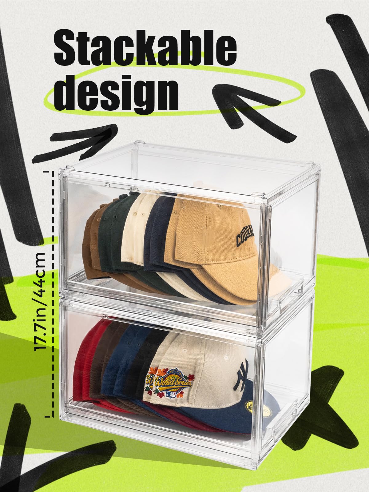 Scavata Hat Organizers, Stackable Clear Baseball Caps Holder Box Containers With Drawers For Hats Snapback Cap Storage, Hat Rack