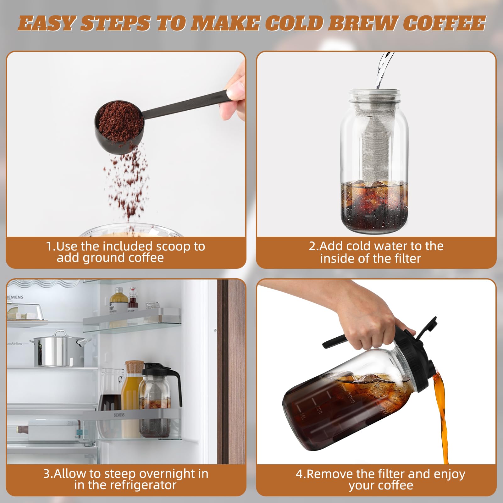 Cold Brew Coffee Maker - 64 Oz Wide Mouth Mason Jar Pitcher With Stainless Steel Filter, Coffee Scoop, And Cleaning Brush -Glass