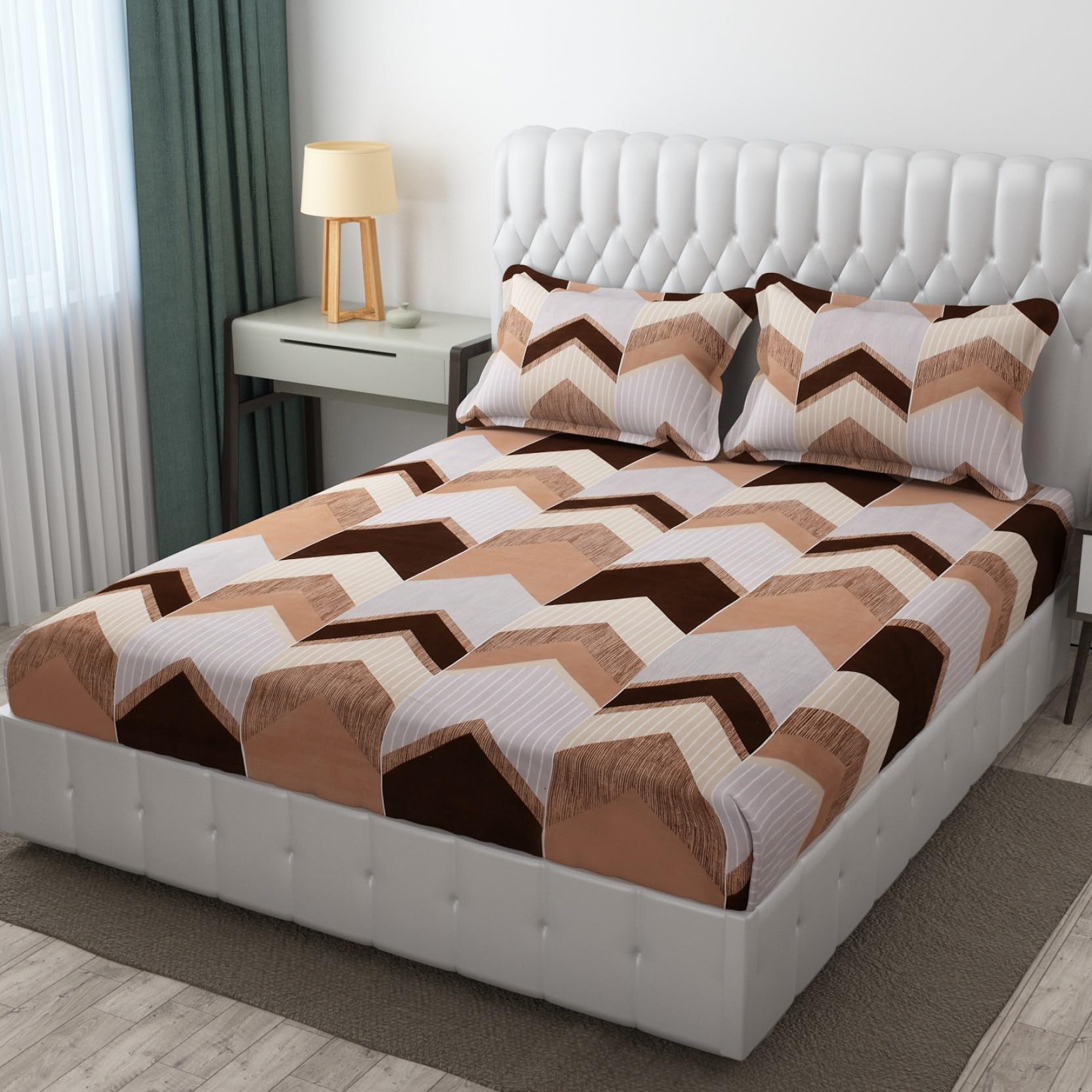 YaAkholic Elastic Fitted Queen Size Bedsheet with 2 Pillow Cover | Elastic bedsheets (Coffee Arrow)