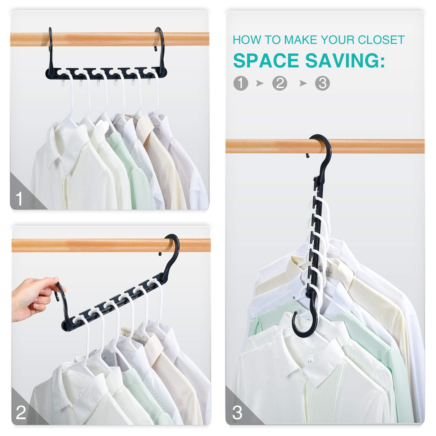 HOUSE DAY Sturdy Plastic Space Saving Hangers 12 Pack  Cascading Hangers Organizer Closet Space Saver 80% and Wrinkle Free Clothes  Multi Collapsible Hangers for Heavy Clothes  Shirts  Pants (Black)