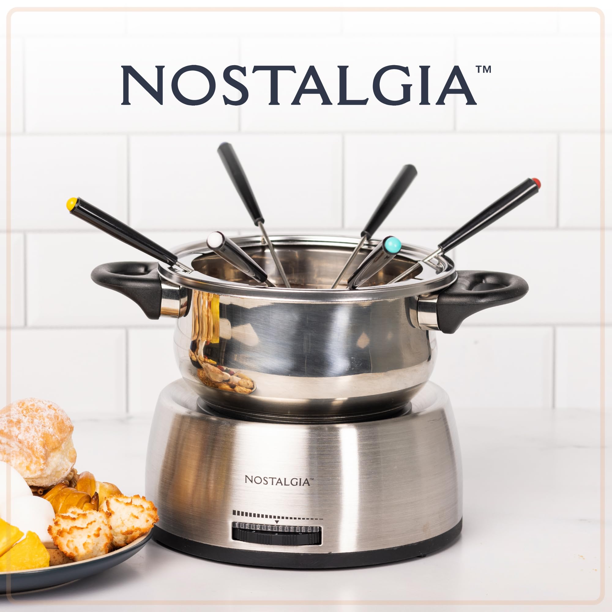 Nostalgia 6-Cup Electric Fondue Pot Set - Stainless Steel, Temperature Control, 6 Color-Coded Forks, Model FPS200
