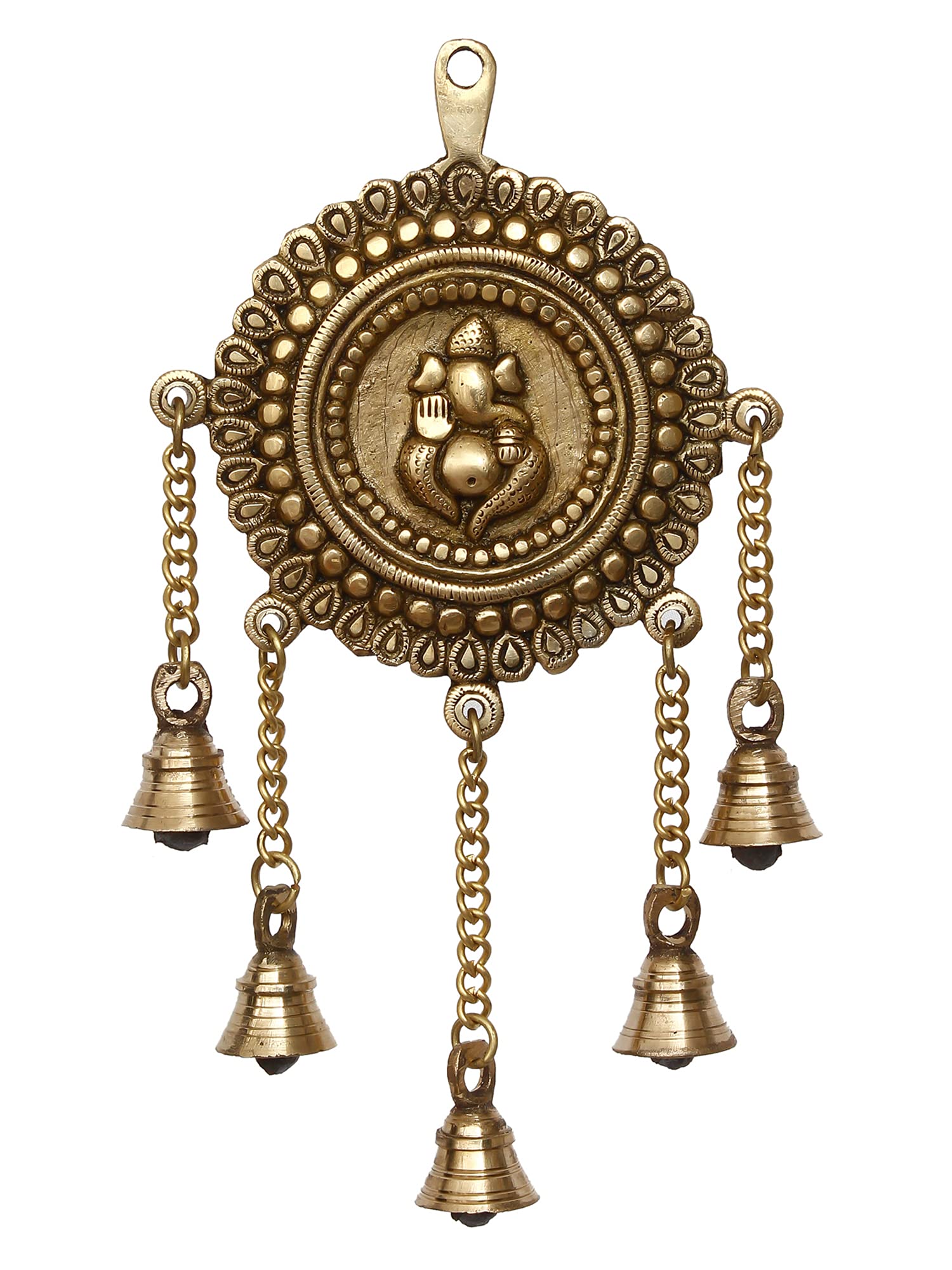 Ecraftindia Golden Brass Decorative Ganesha Wall Hanging Art With 5 Bells | Lord Ganesha Statue Decorative Showpiece For Wall De