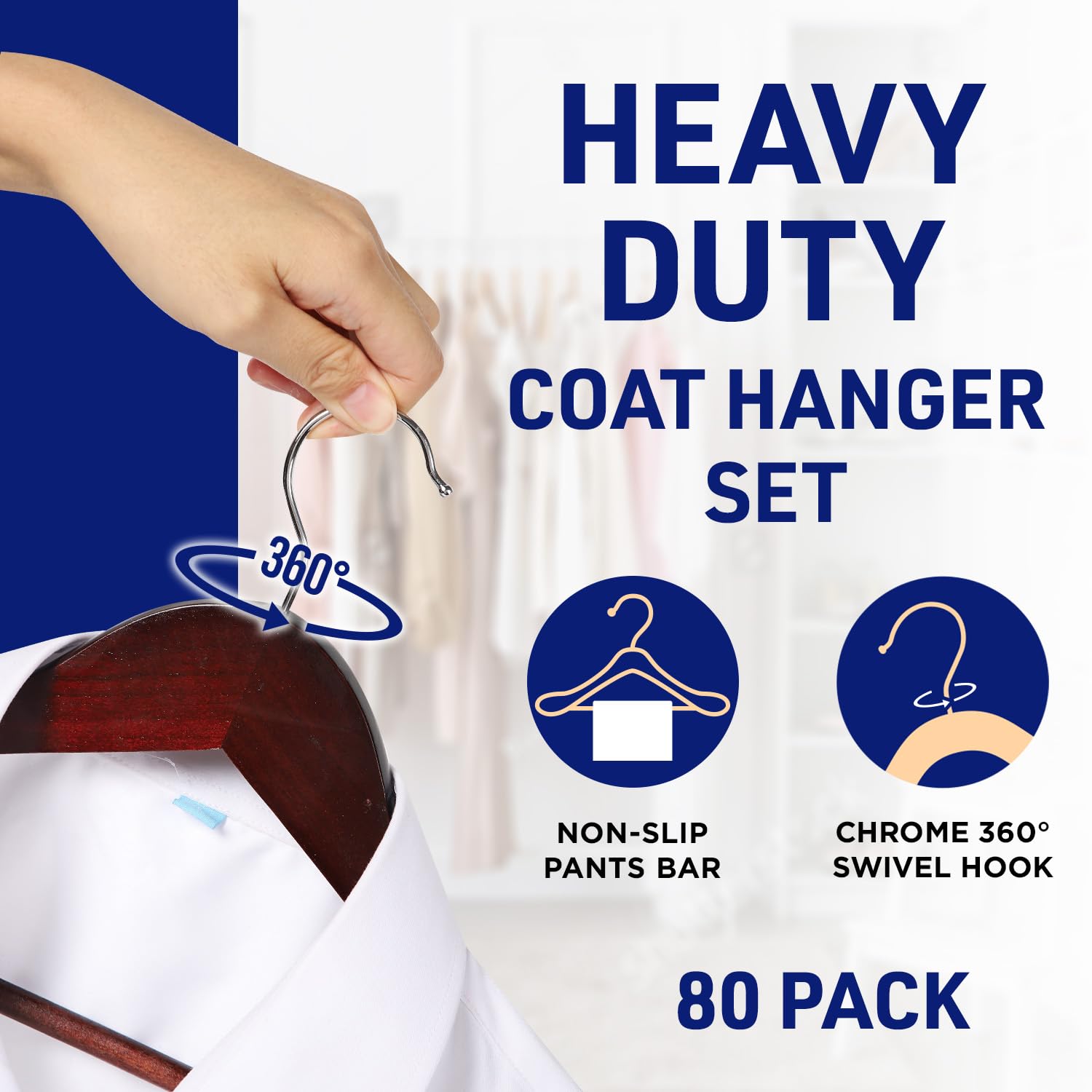 Lifemaster Wooden Hanger Set - 80 Pieces Non-Slip Versatile Closet Space-Saving Hanger Set For Suit, Coat, Camisole, Jacket, Pan