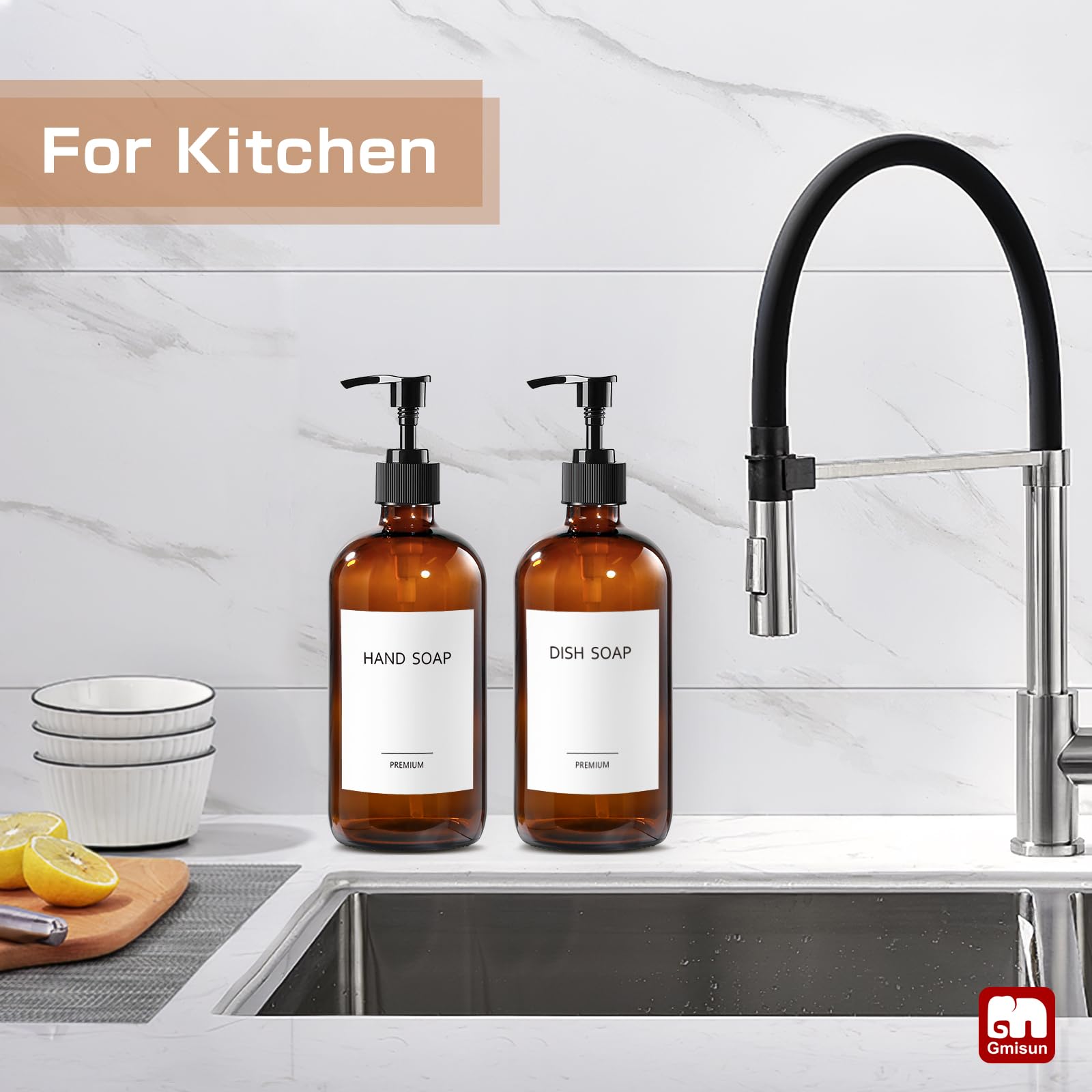 Gmisun Amber Glass Soap Dispenser,16Oz Kitchen Soap Dispenser With Pump, Pump Bottle Dispenser For Bathroom/Kitchen Countertop,