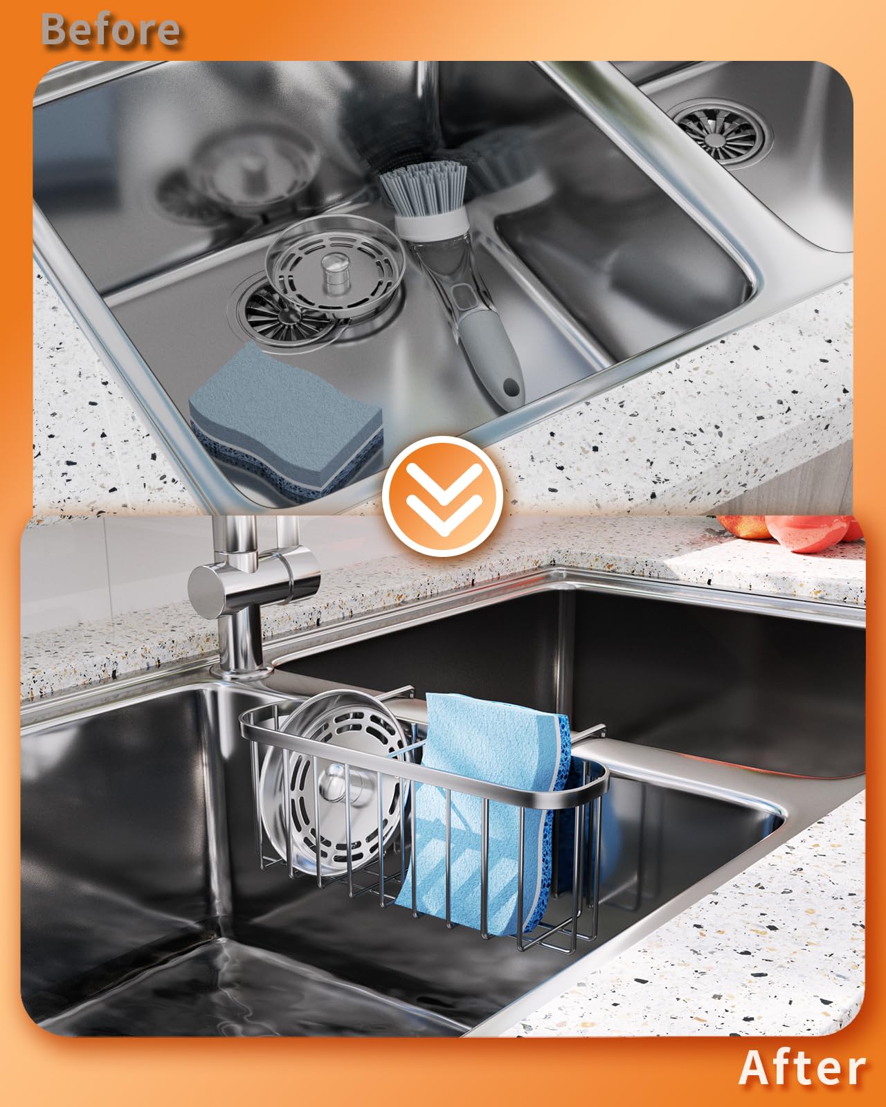 Swtymiki Sponge Holder For Kitchen Sink With Partition, Movable Kitchen Sink Caddy With Compact Size Rustproof And Waterproof Ha