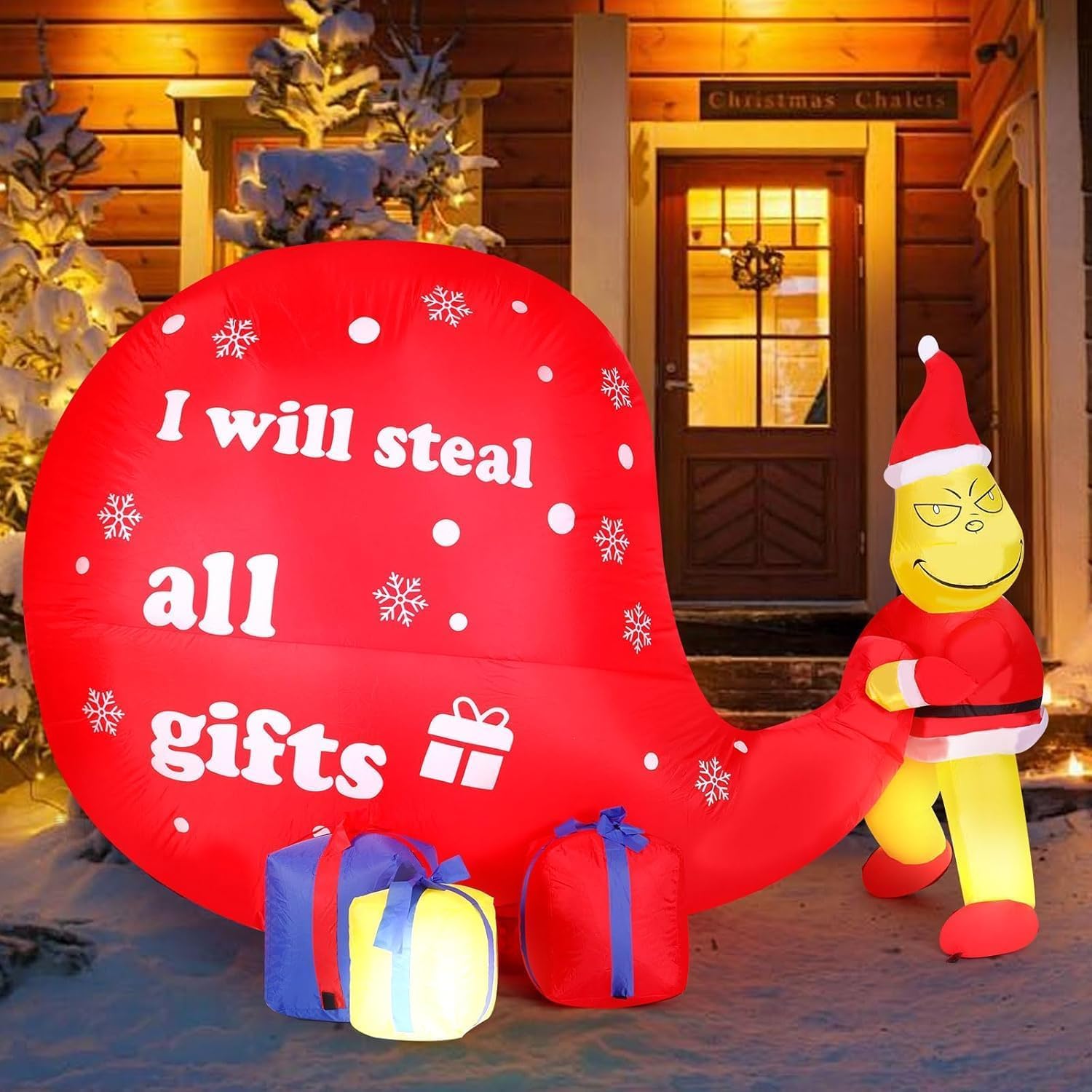 8FT Christmas Inflatable Green Monster Decoration -  I Will Steal All Gifts  Funny Holiday Yard Decor with LED Lights, Suitable 