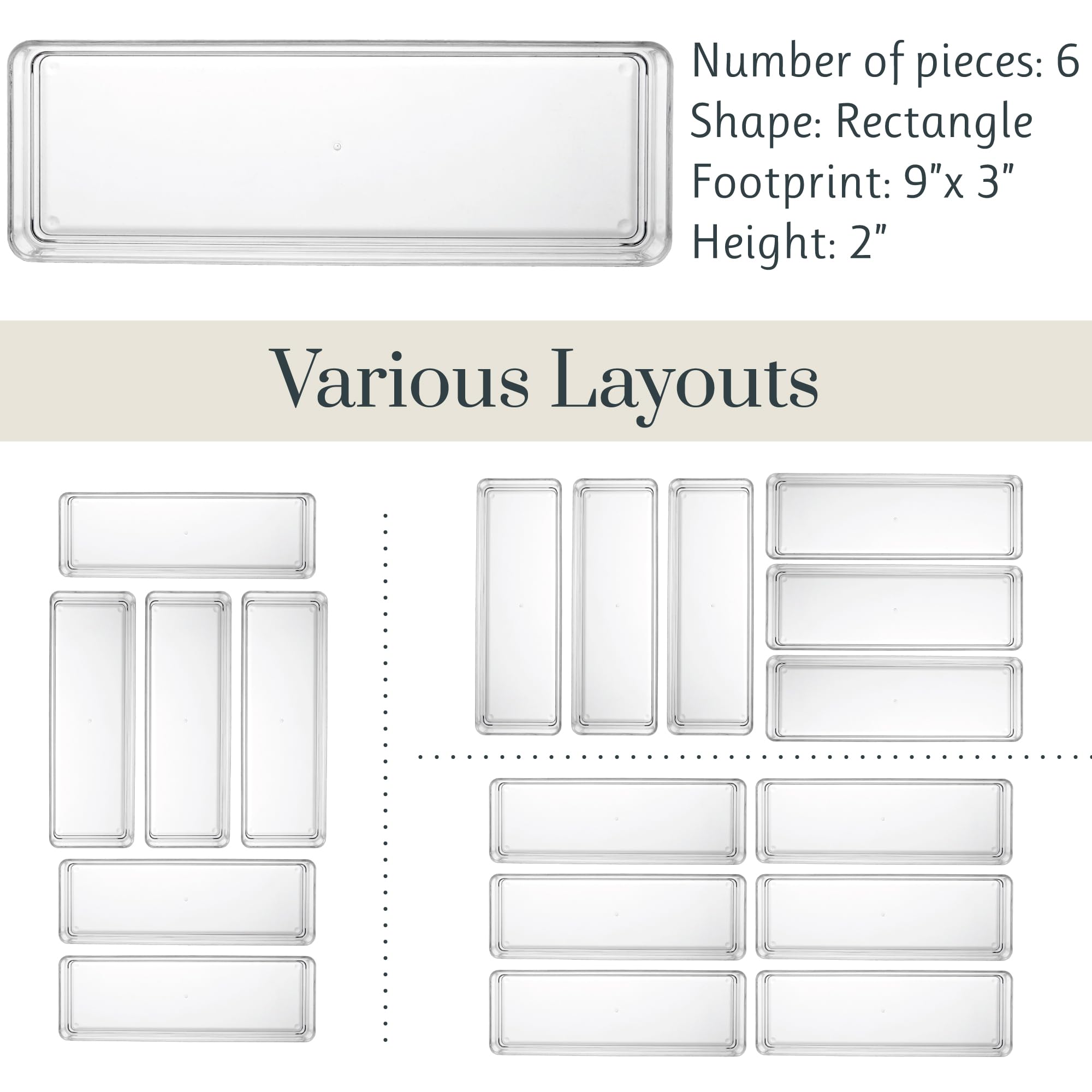 STORi SimpleSort 6-Piece Stackable Clear Drawer Organizer Set | 9 '' x 3 '' x 2 '' Rectangle Trays | Narrow Makeup Vanity Storag