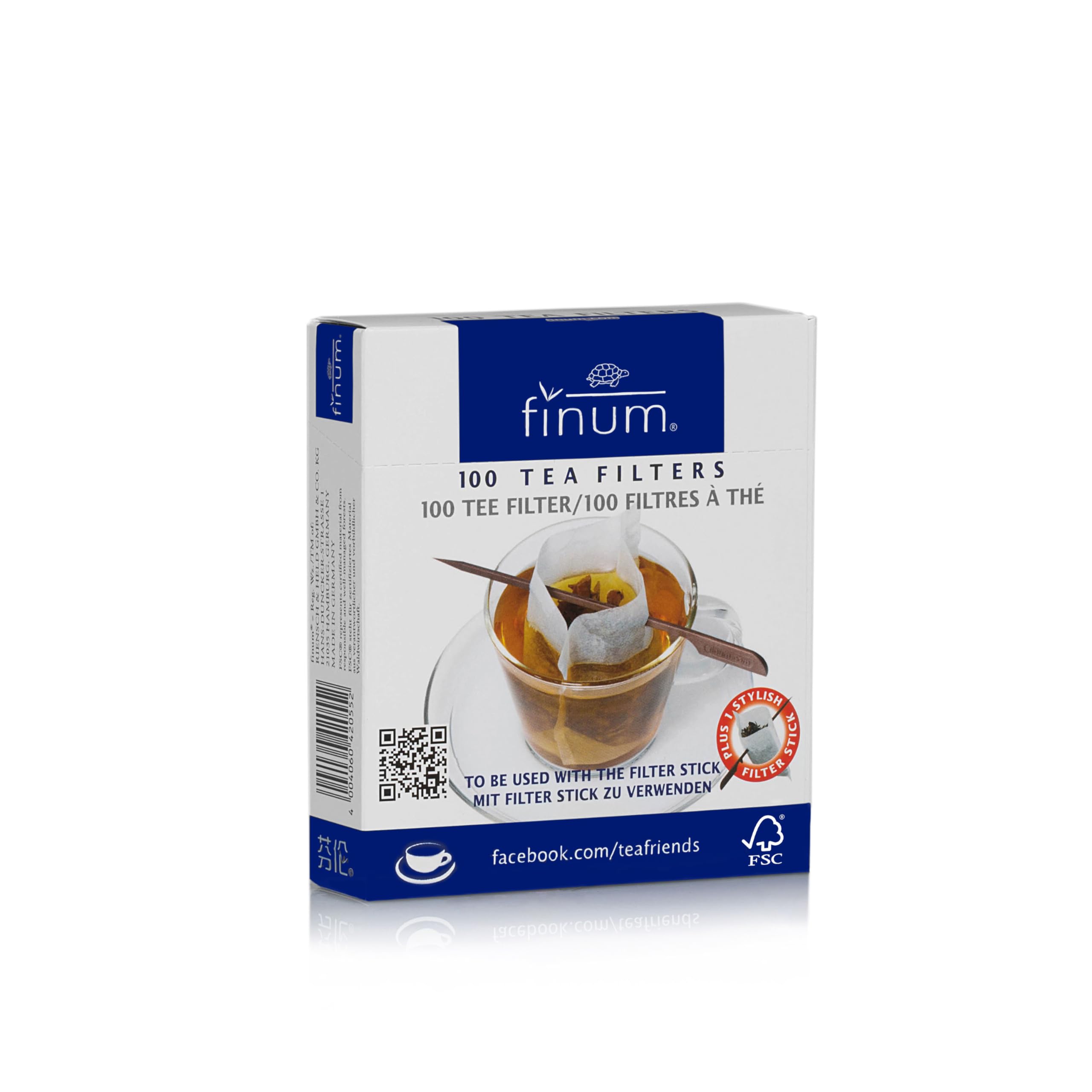 Finum 60/4205500 Disposable Cup-Sized Paper Tea Filter Bags For Loose Tea Plus Stylish Filter Holding Stick, 100 Count, White