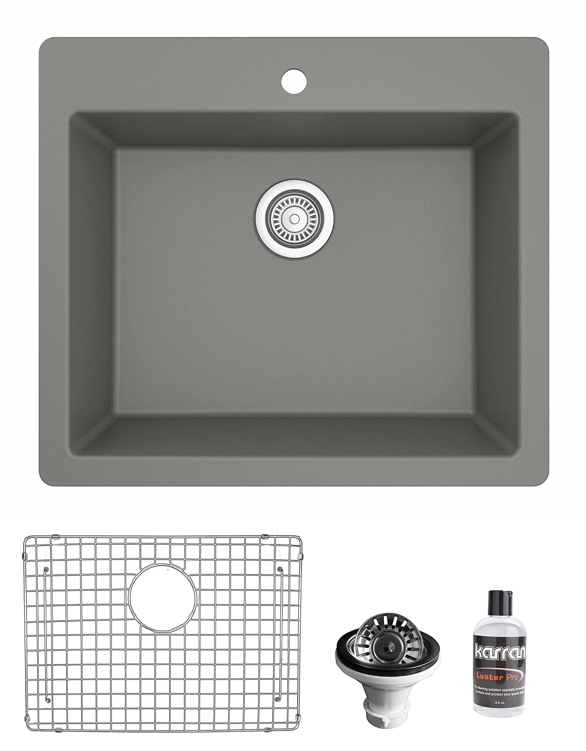 Karran QT-820 Top Mount 25 in. Single Bowl Quartz Kitchen Sink Kit in Grey