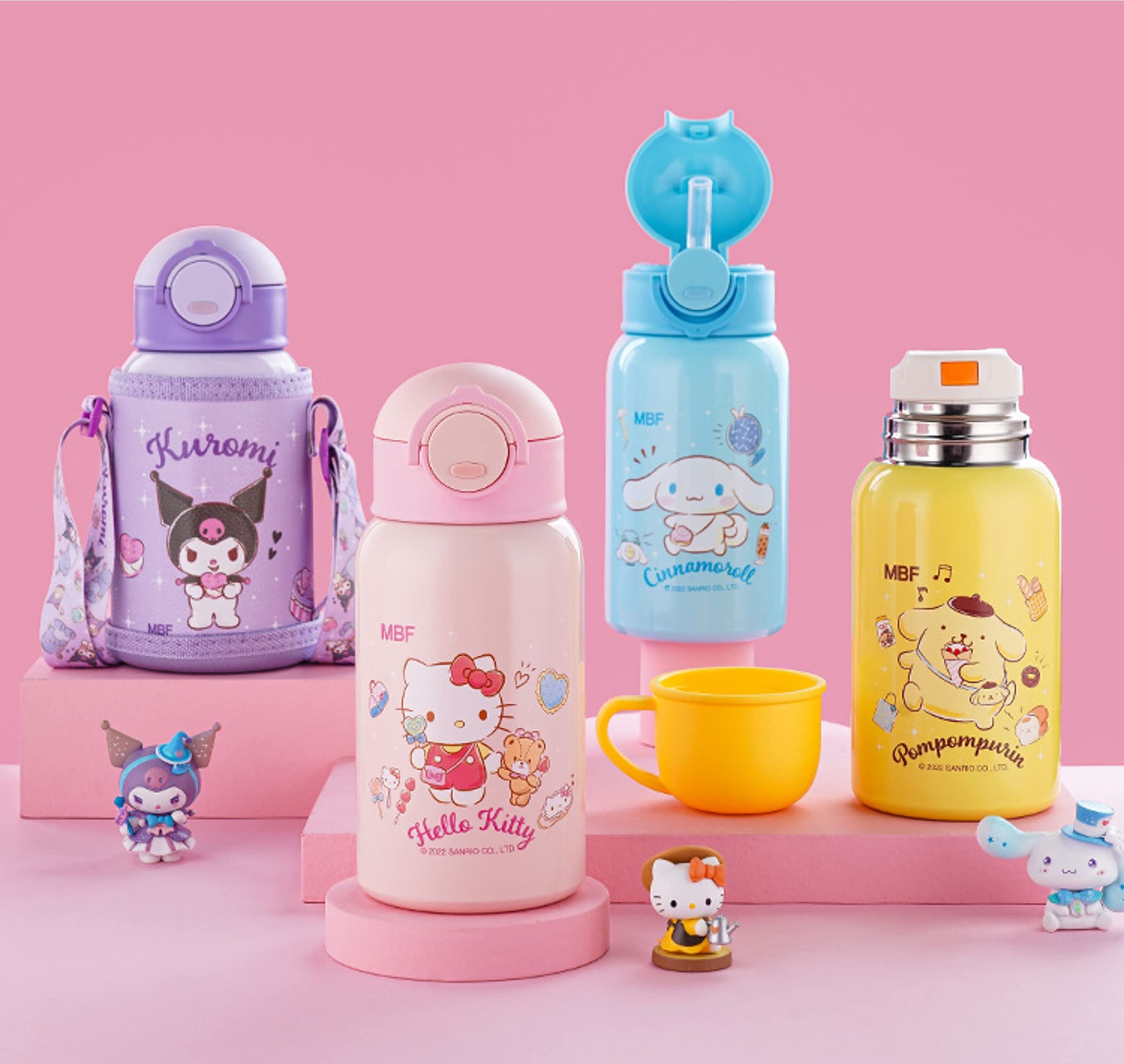 Everyday Delights Pom Pom Purin 500ml Stainless Steel Insulated Water Bottle - Yellow, Includes Cup, Straw, & Bag, Model PN2140