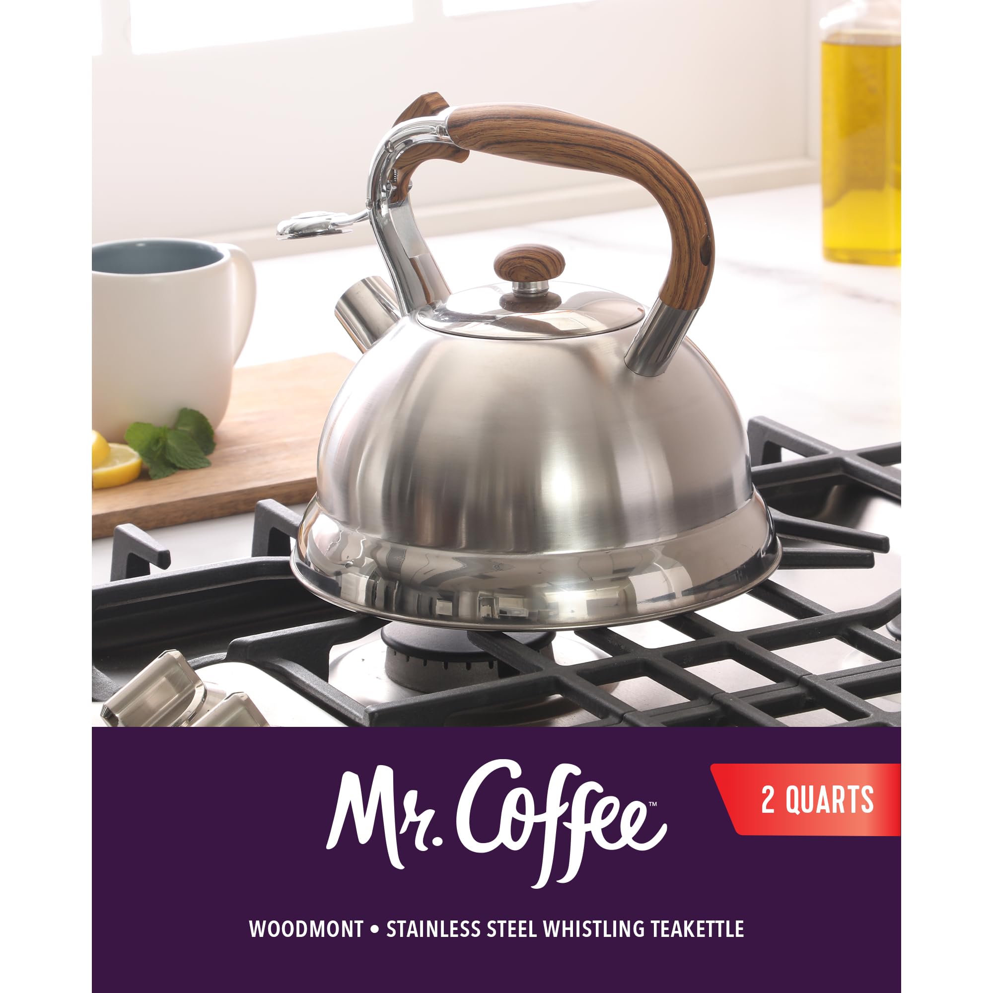 Mr. Coffee Woodmont 2-Quart Stainless Steel Tea Kettle W/Wood Handle