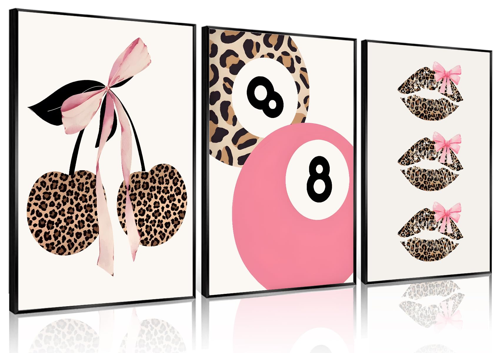 Trendy Pink Leopard Bow Wall Art Set Of 3 Funky Cherry Lucky 8 Ball Posters Prints Cute Coquette Preppy Room Aesthetic Wall Deco