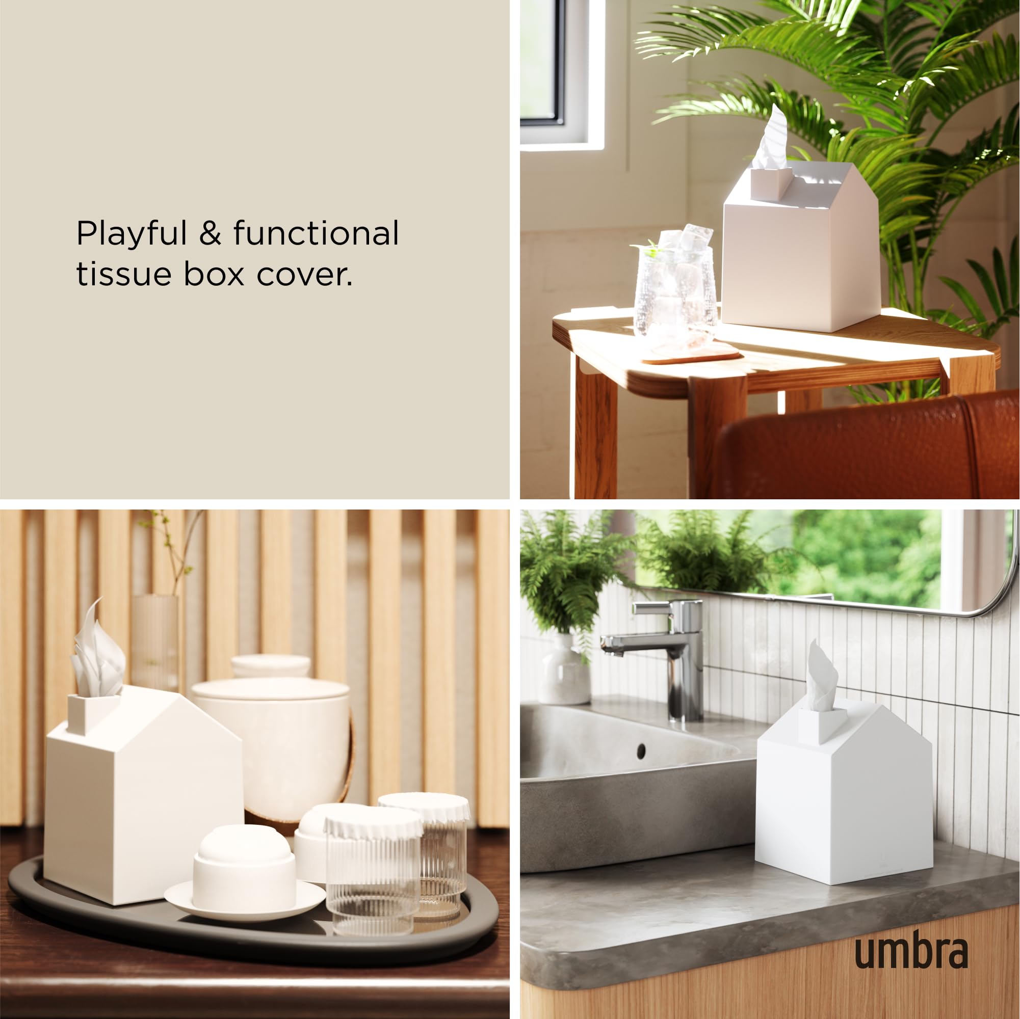 Umbra Casa Tissue Box Cover - Adorable House Shaped Square Tissue Box Holder for Bathroom  Bedroom or Office  White