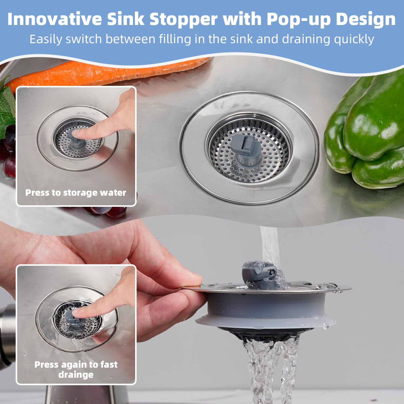 Hibbent Universal 3 In 1 Kitchen Sink Drain Strainer With Sink Stopper, Stainless Steel Wrapped Shell, Sus304 Anti-Clogging Bask