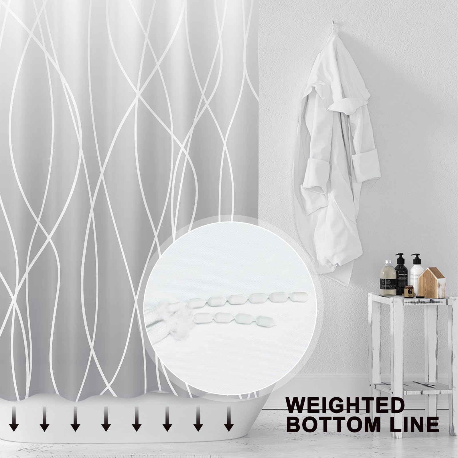 Punkray Ombre Light Grey Striped Fabric Shower Curtain For Bathroom With 12 Hooks, Shower Curtains For Bathroom, Waterproof Bath