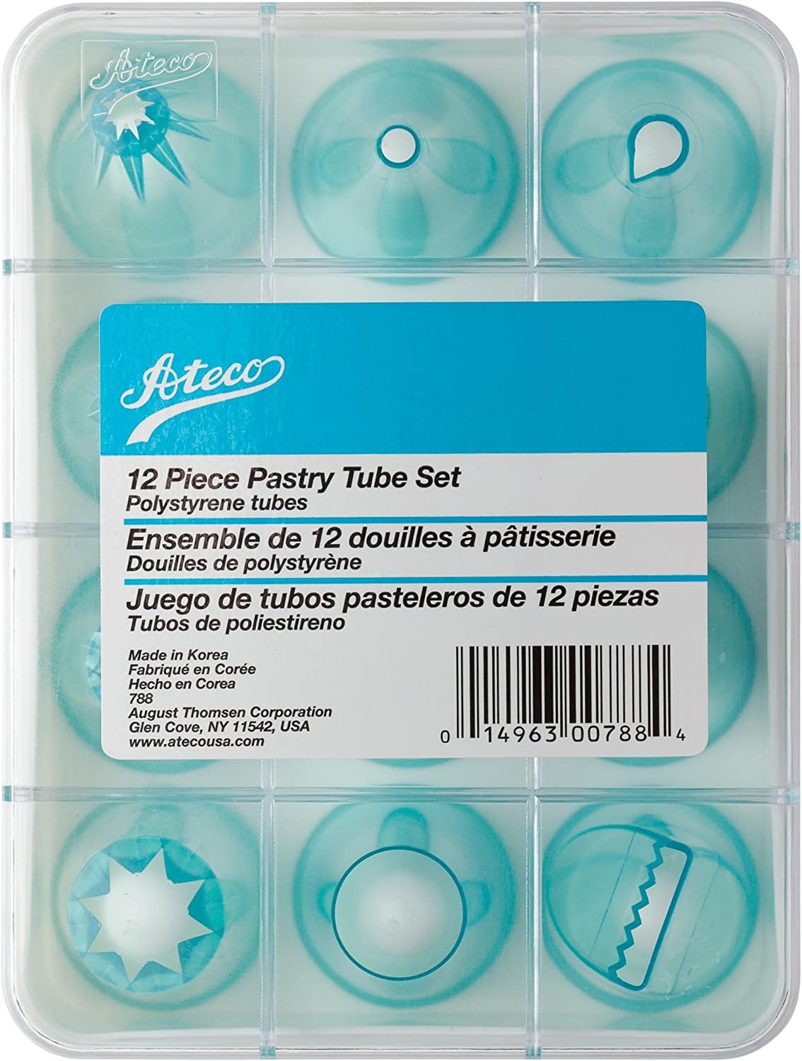 Ateco - 12 Piece Cake Decorating Tube Set, High Impact Plastic Tubes In Storage Box,Silver