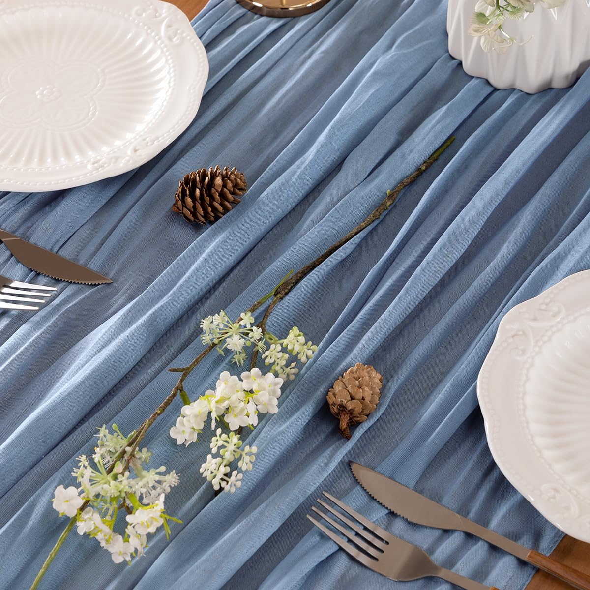 LINXTAR Dusty Blue Cheesecloth Table Runner 10Ft Vintage Rustic Gauze Tablecloth 35x122 Inches Boho Elegant Wedding Baby Shower Birthday Party Table Centerpiece  Photography Background