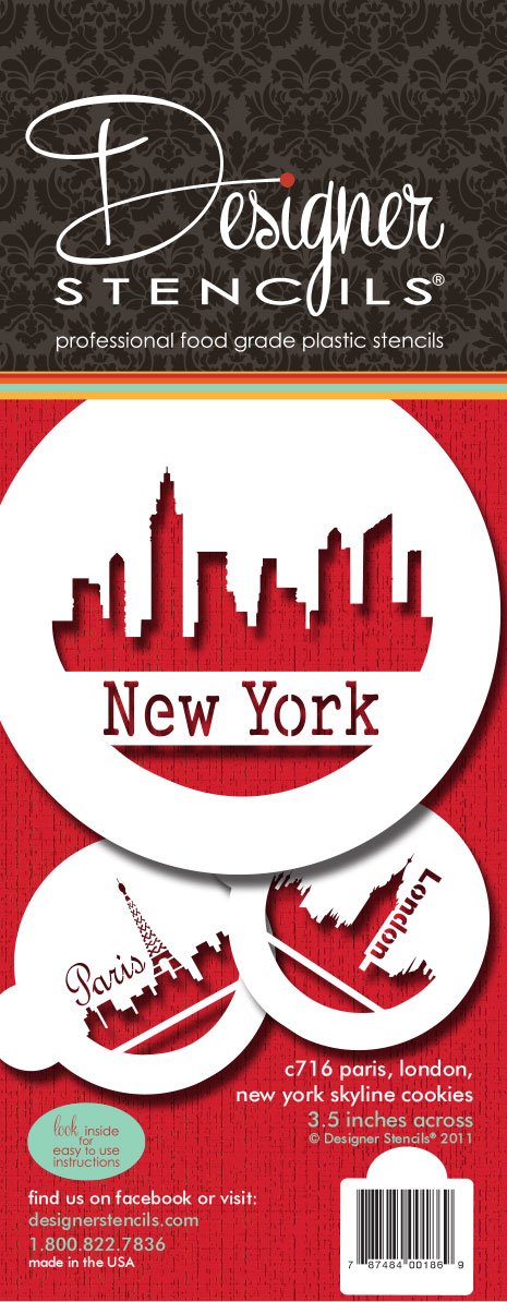 Designer Stencils Paris, London And New York Skylines Cookie Stencils, Beige/Semi-Transparent