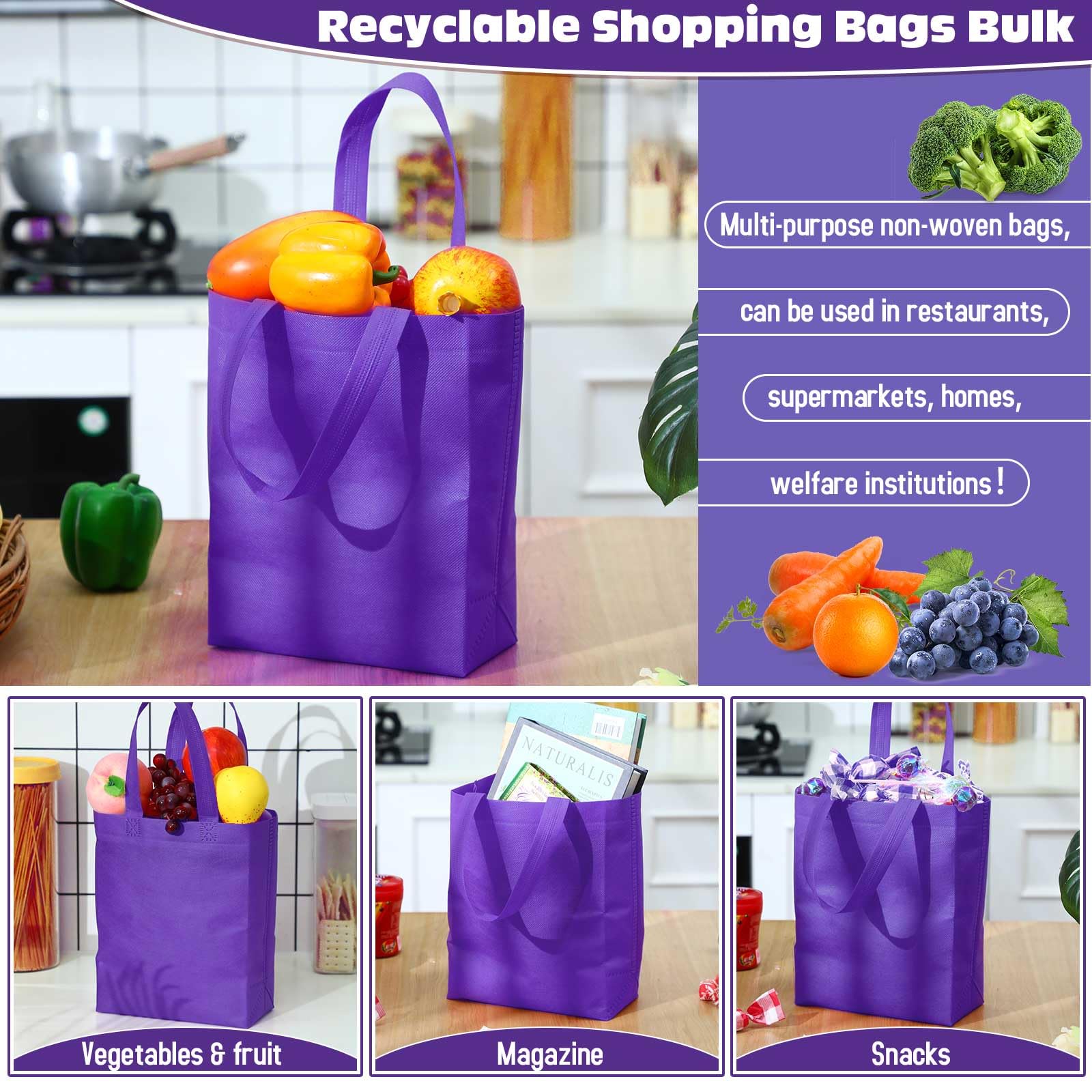 Windyun 50 Pcs Reusable Tote Bag Bulk 8 x 4 x 10 Inch Non Woven Shopping Bag with Handle Christmas Reusable Grocery Gift Tote(Da