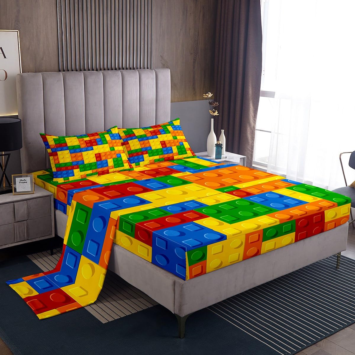 Feelyou Kids Games Bed Sheet Set Twin Size Color Building Blocks Sheet Set Toy Brick Sheets For Boys Girls Bedroom Nursery Beddi