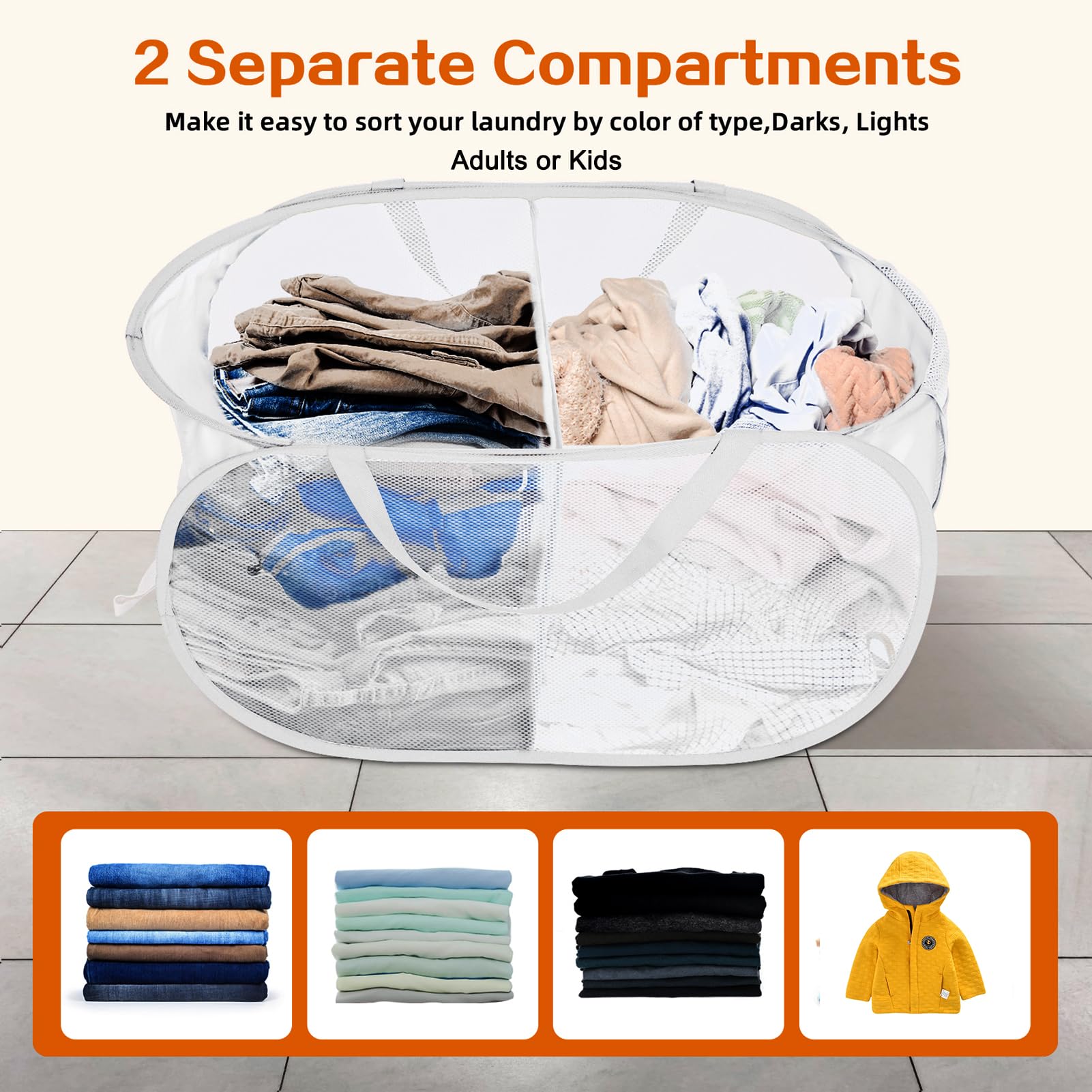 Durable Collapsible Laundry Baskets, Foldable Mesh Pop Up Laundry Basket, 2 Compartments Laundry Hamper, Easy To Carry & Sort Cl