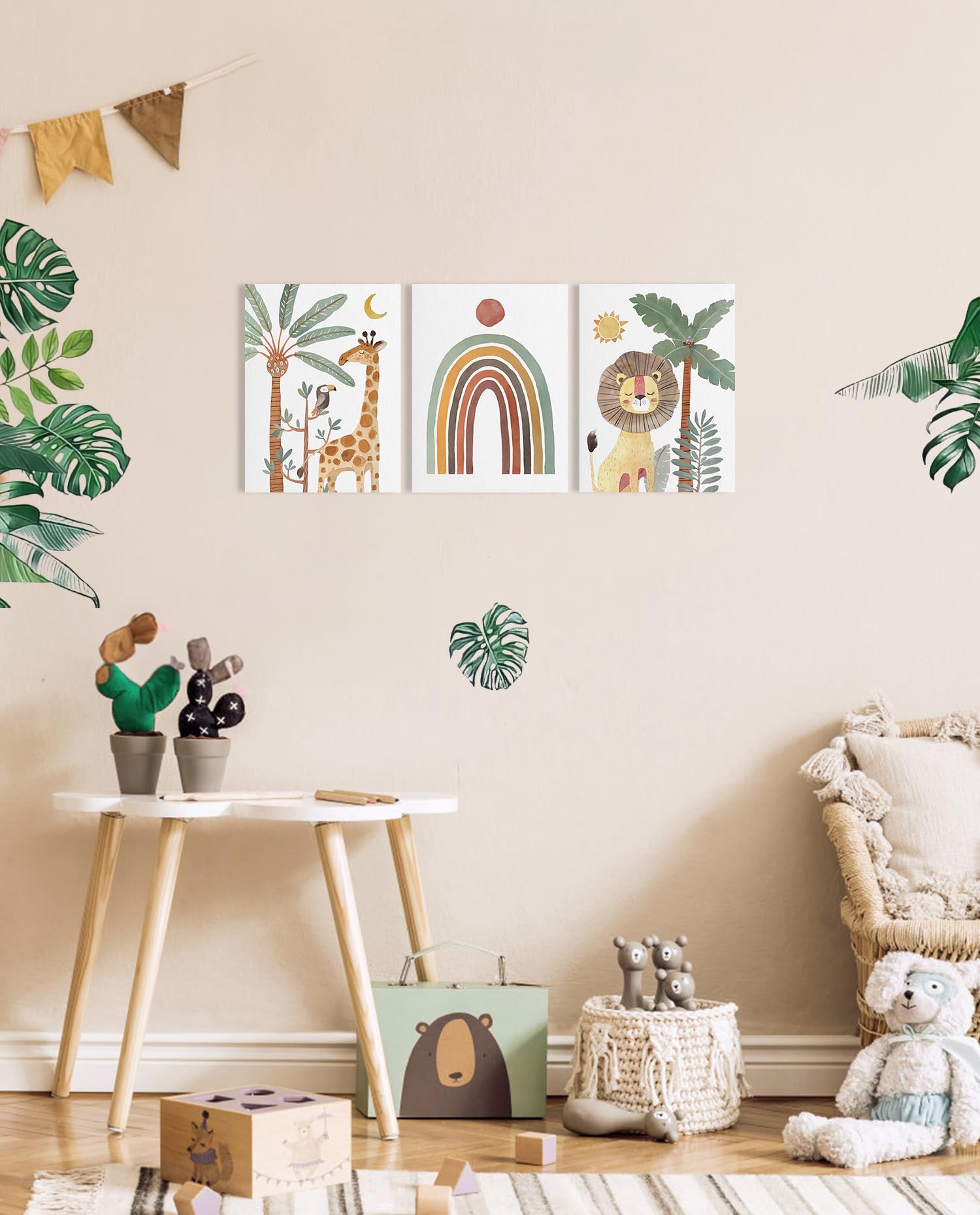 Boho Animal Nursery Wall Art: Safari Animal Prints For Kids' Room, Baby Nursery Decor For Boy Girl, 3 Pieces Giraffe Lion Parrot