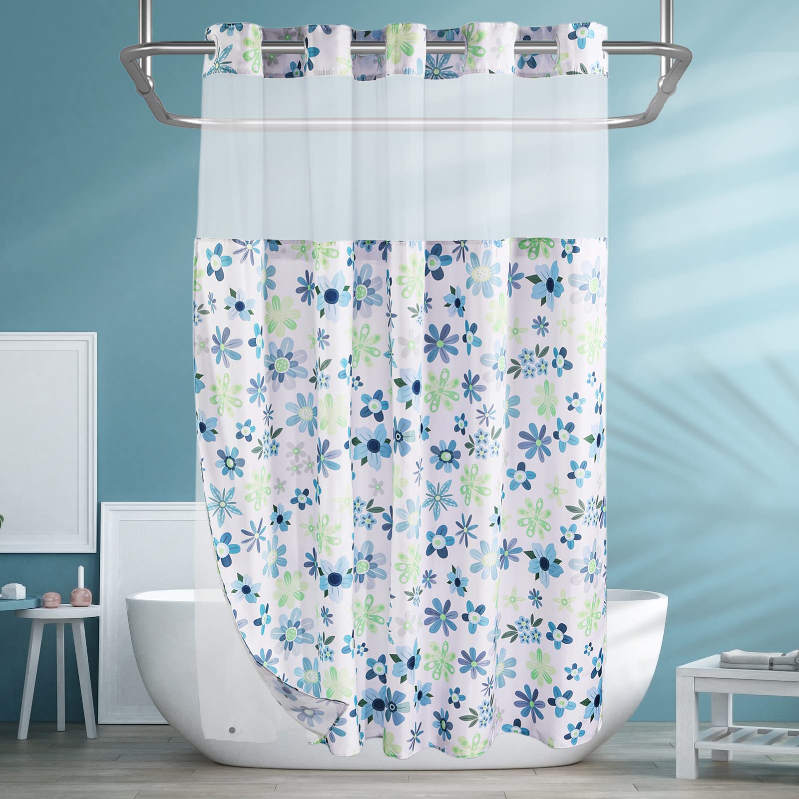 Lagute Snaphook Hook Free Fabric Floral Shower Curtain For Modern Bathroom With Snap-In Liner & See Through Top Window, Machine