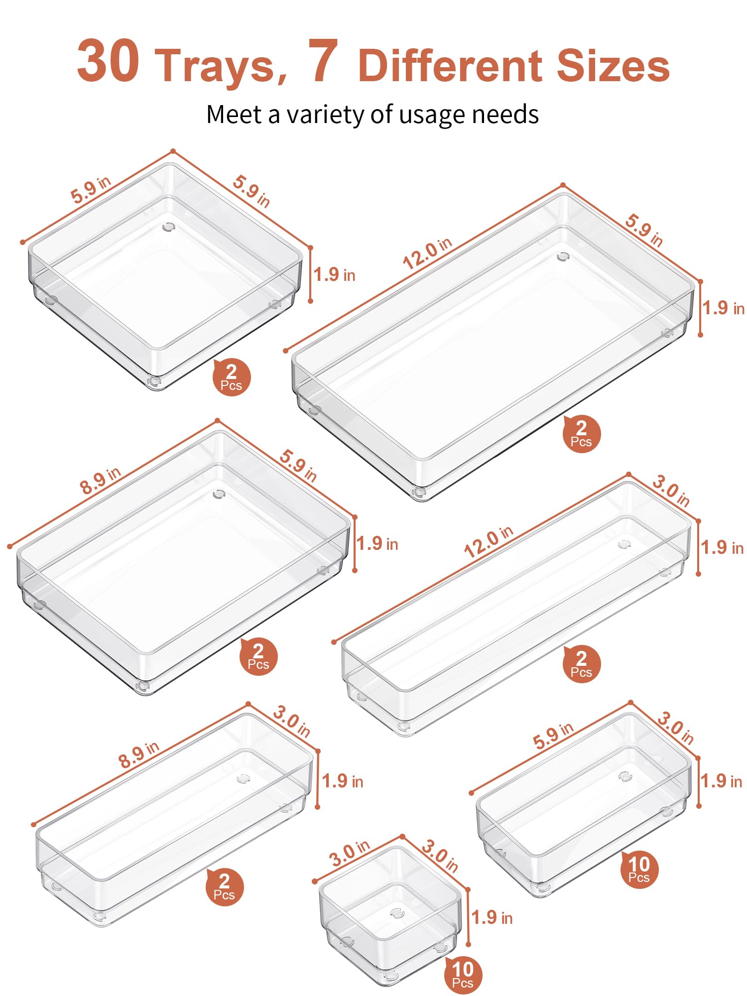 SMARTAKE 30-Piece Drawer Organizer with Non-Slip Silicone Pads, 7-Size Desk Drawer Organizer Trays Storage Tray for Makeup, Jewe