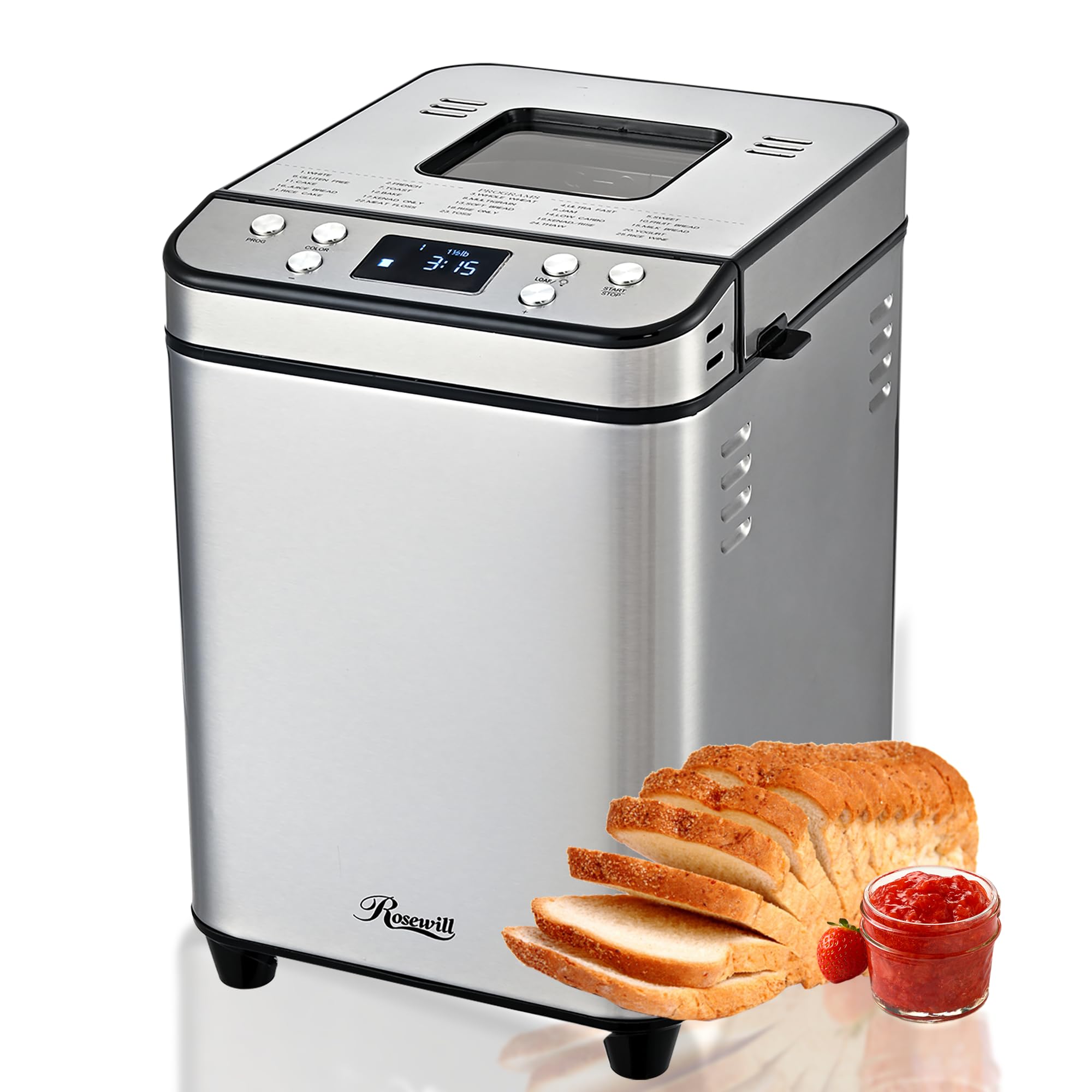 Rosewill 25-in-1 Automatic Bread Maker Machine with 3 Loaf Size up to 2 Lb, 700W High Power Dual Heater Bread Maker with BPA-fre