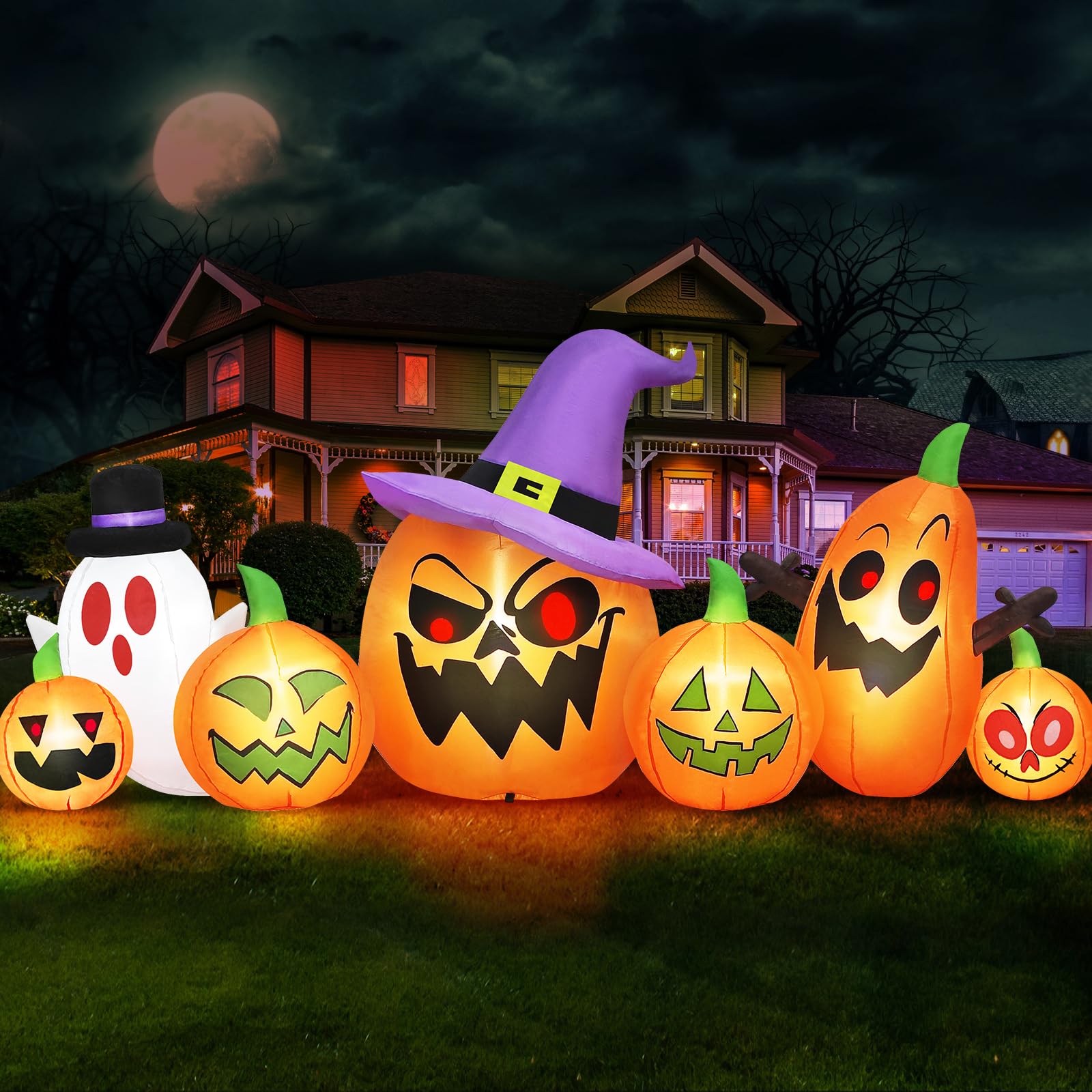 Danxilu 8FT Long Halloween Inflatables Outdoor Decorations, Haunted Inflatable Pumpkins with Witch Hat & Ghost Combo Blow Up Yar