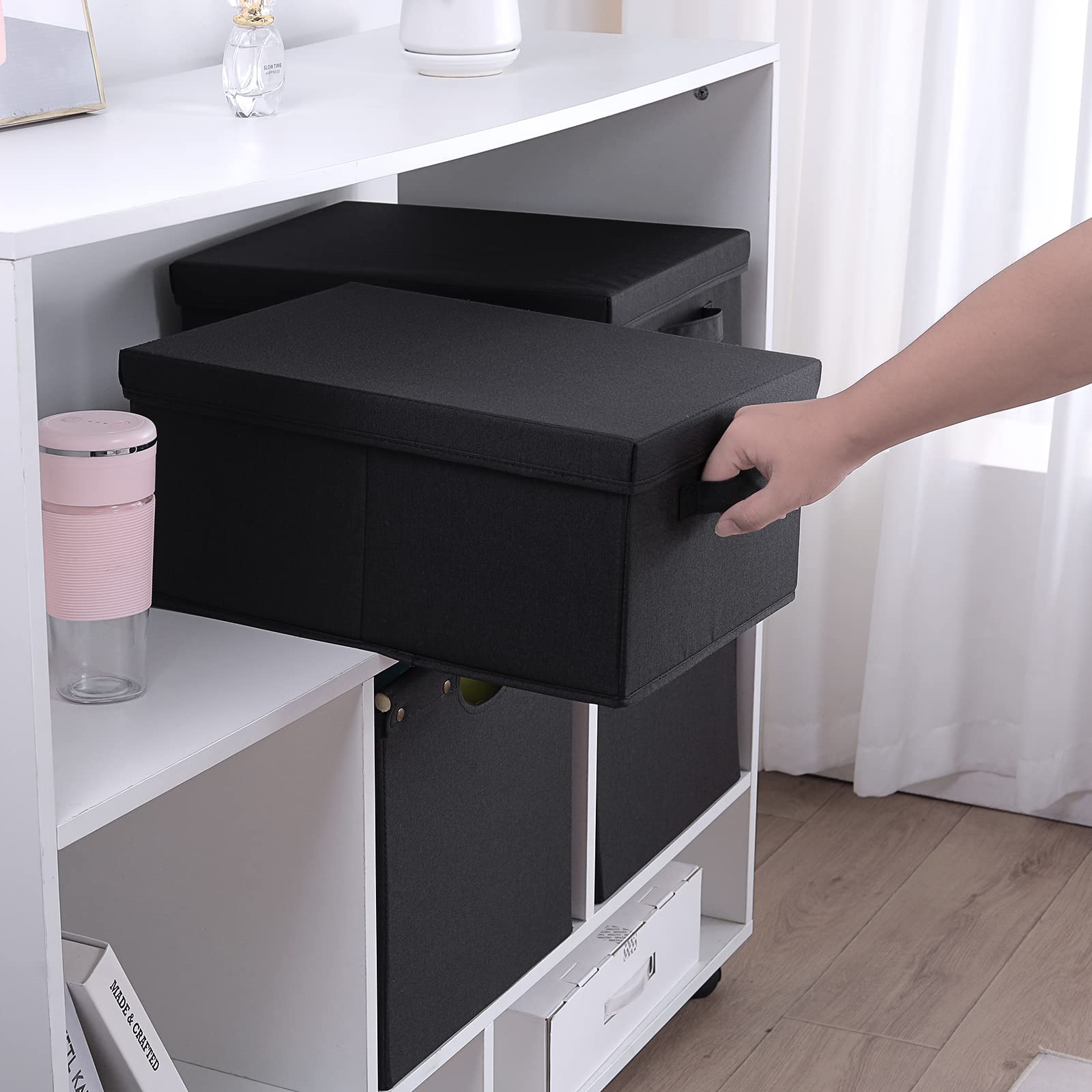 HOONEX Storage Bins with Lids for Organizing  Pack of 2  Storage Boxes with 2 Carrying Handles and Study Heavy Cardboard  16.5'' L x 11.8'' W x 7.5'' H for Toy  Shoes  Books  Clothes  Nursery  Black