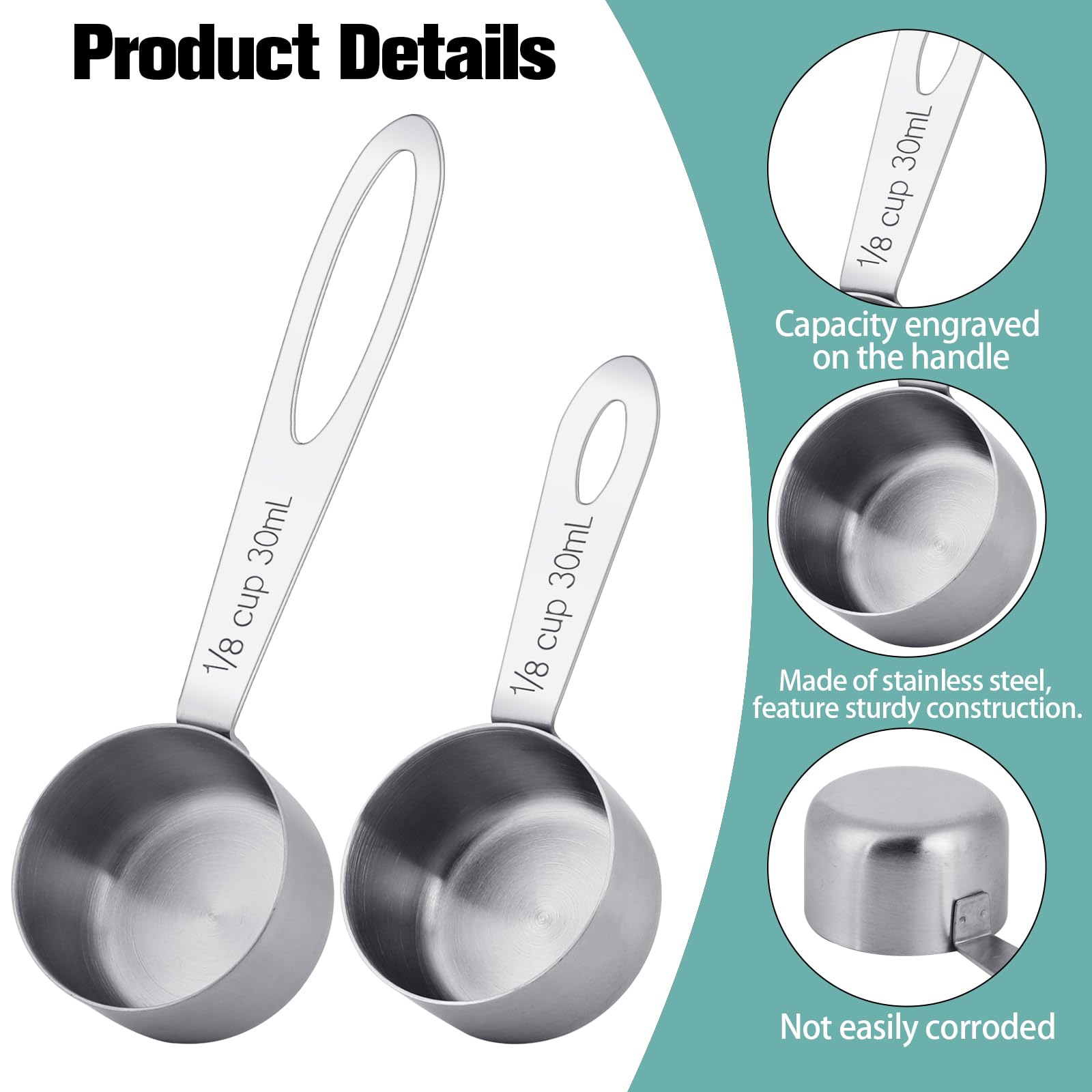 4Pcs 1/8 Cup Measuring Cup, 30Ml Scoop, Stainless Steel Measuring Cups, Coffee Scoops, Measuring Scoops For Canisters Tablespoon