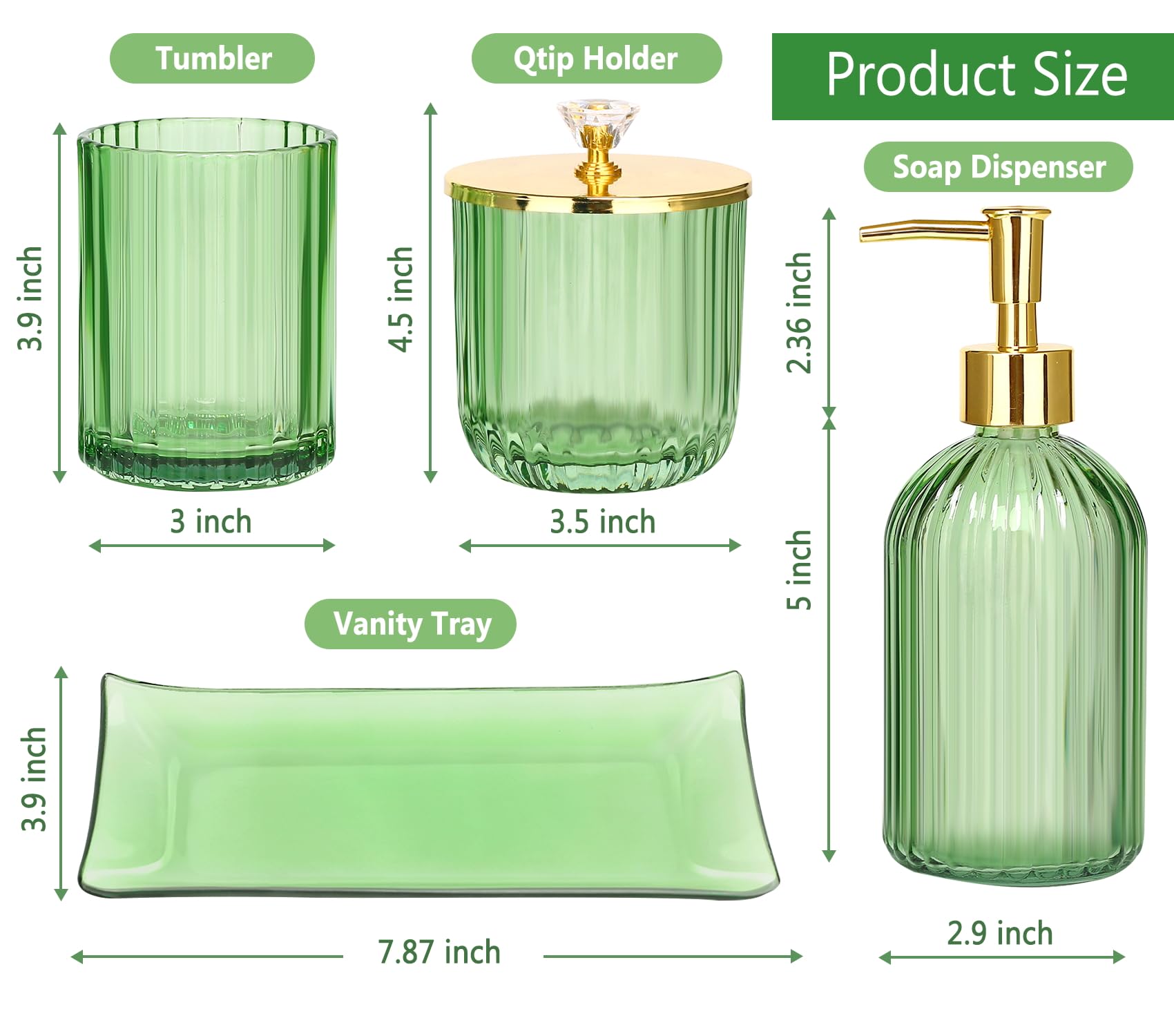Haturi Bathroom Accessories Set  4 Pcs Green Glass Bathroom Accessories Sets Complete w/Lotion Soap Dispenser  Toothbrush Holder  Apothecary Jar  Vanity Tray  Bathroom Decor  Gift for Home Apartment