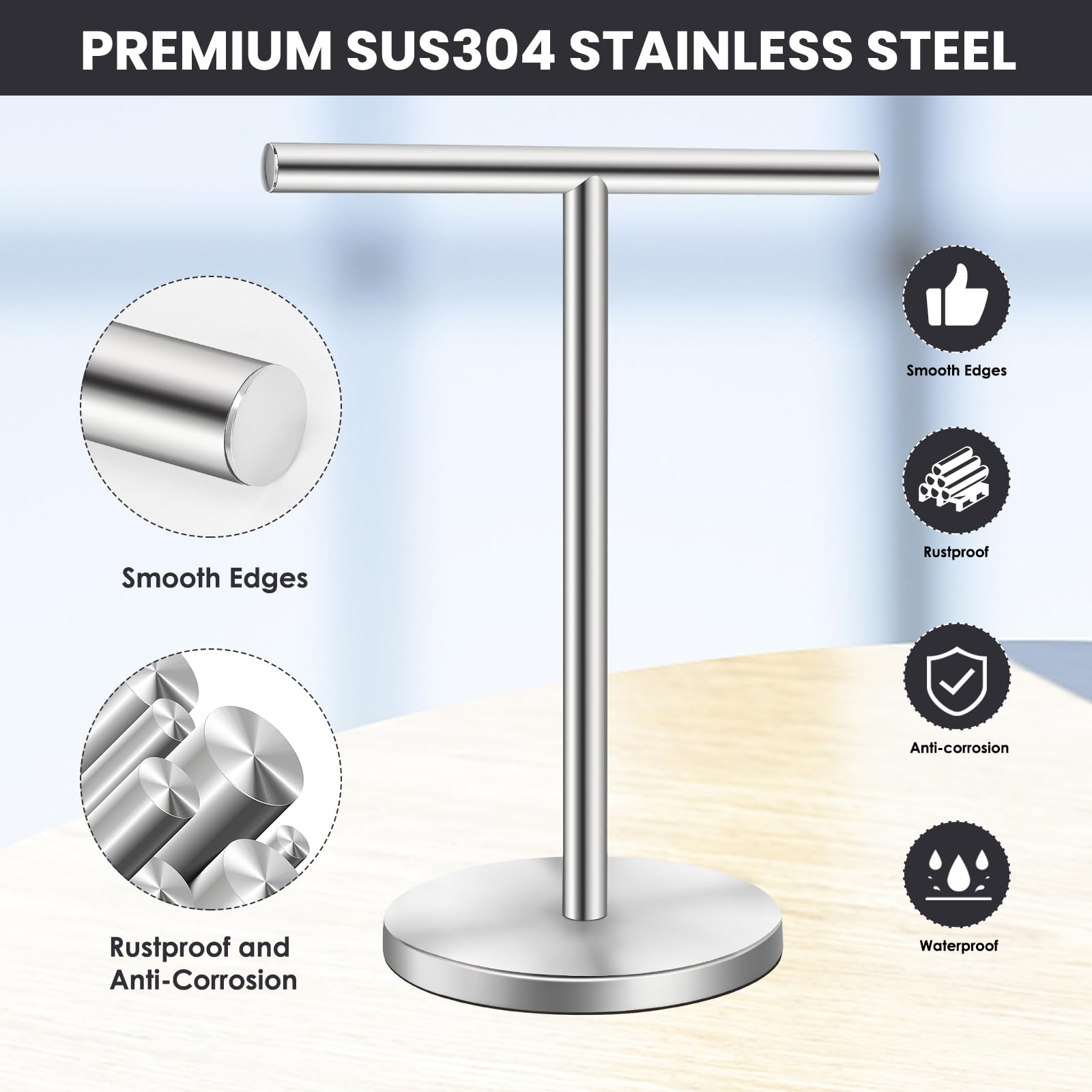 Zitalupy T-Shape Bath Hand Towel Holder Stand, Stainless Steel Free Standing Hand Towel Rack With Heavy Base, For Bathroom Kitch