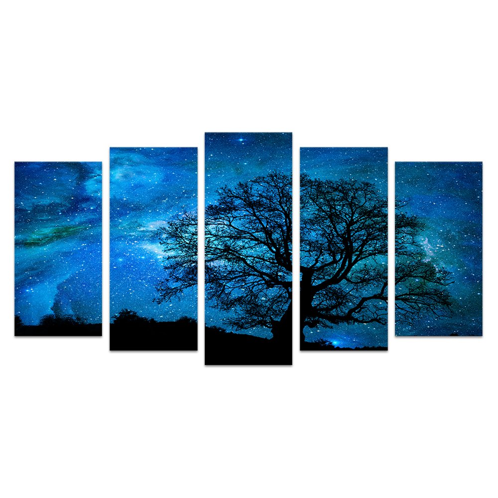 Xlarge Starry Night Canvas Wall Art Black Tree Galaxy Landscape Prints Wall Decal Artwork,Starry Painting Prints For Living Room