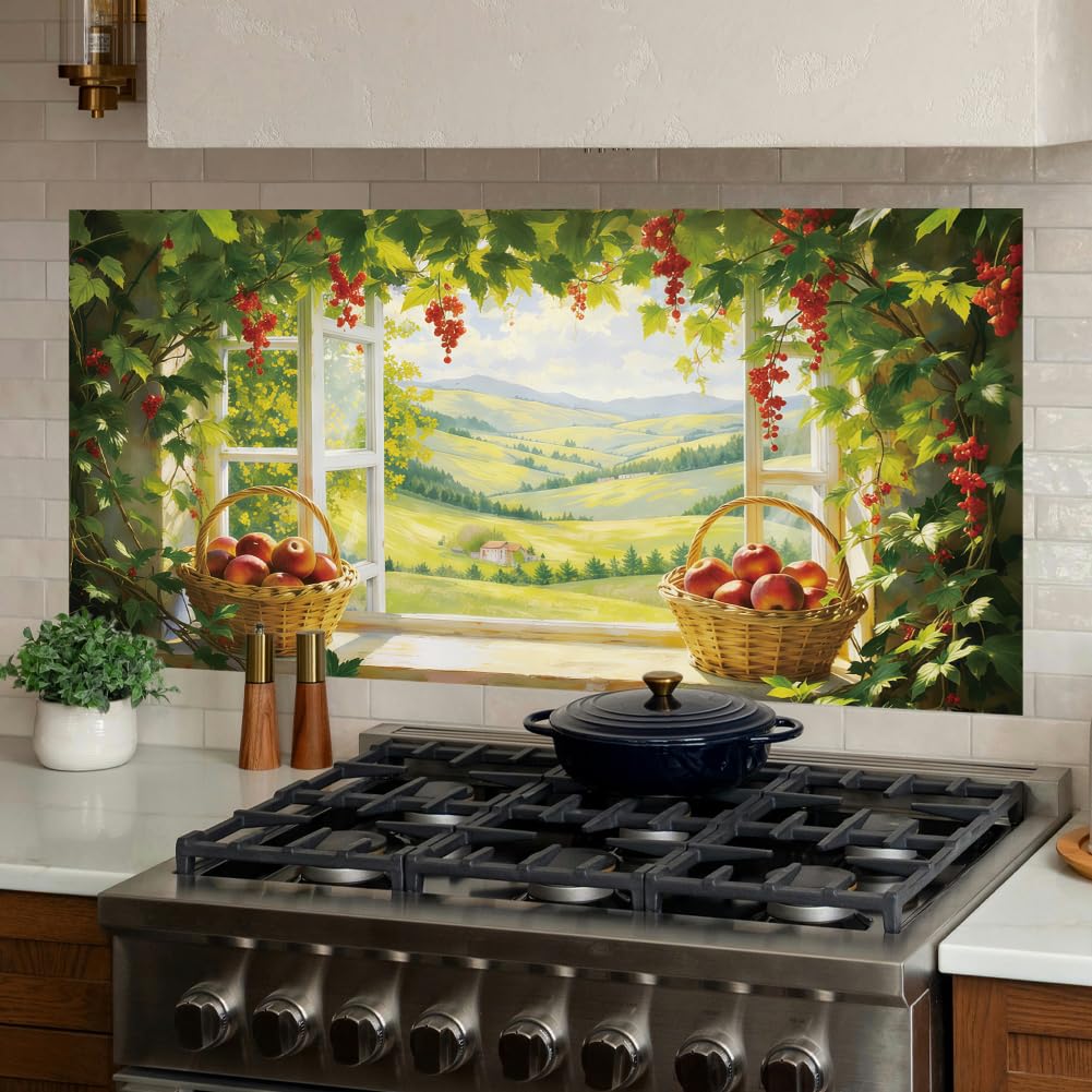 PRESSINART Kitchen Wallpaper Stove Backsplash Stickers 30 x 16 Inch Landscape Window View Style, Stove Wallpaper Peel and Stick 