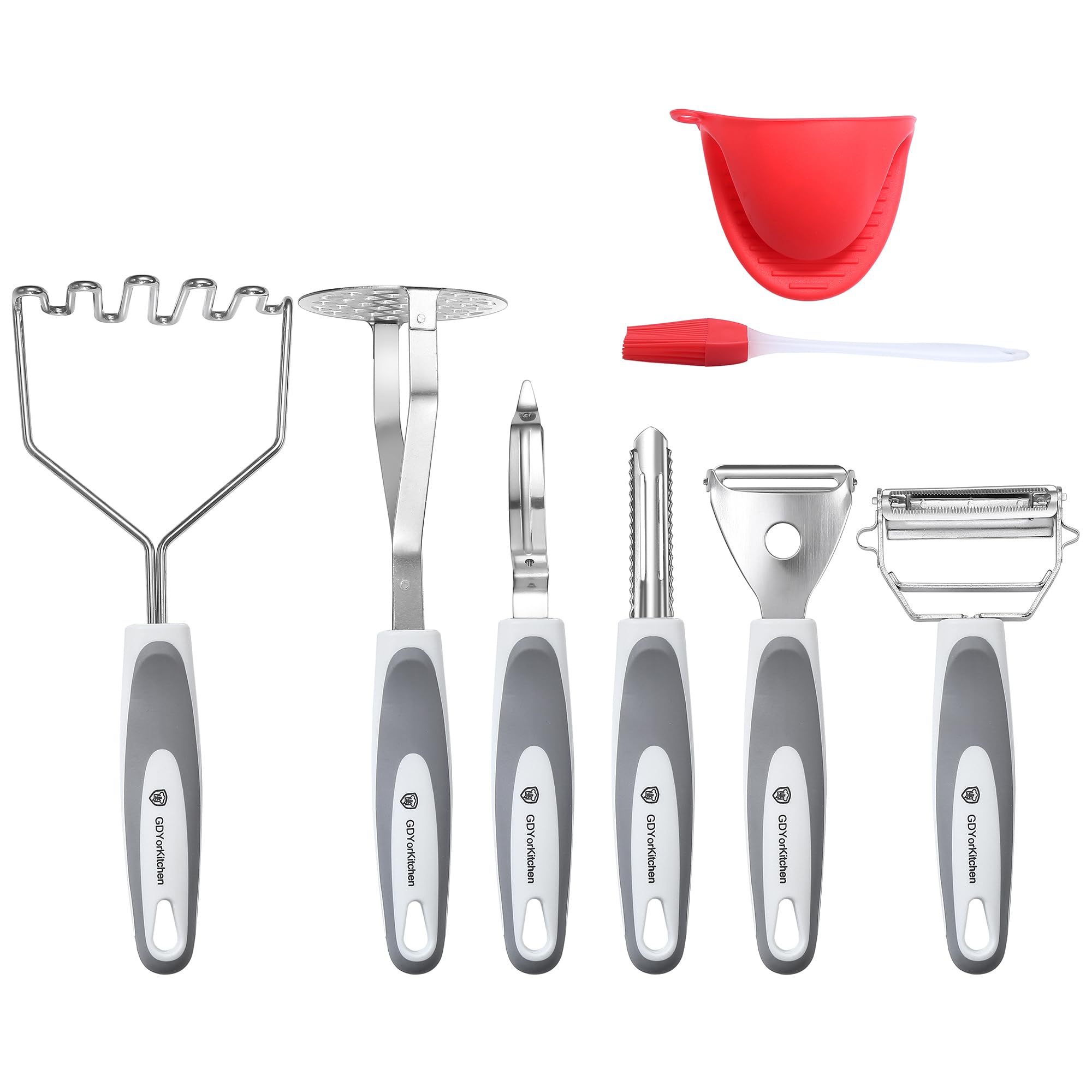 Stainless Steel Potato Masher & Peeler Set (6Pcs Set - Gray) - Includes Potato Masher, Wire Masher, Multi-Purpose Peelers, Comfo