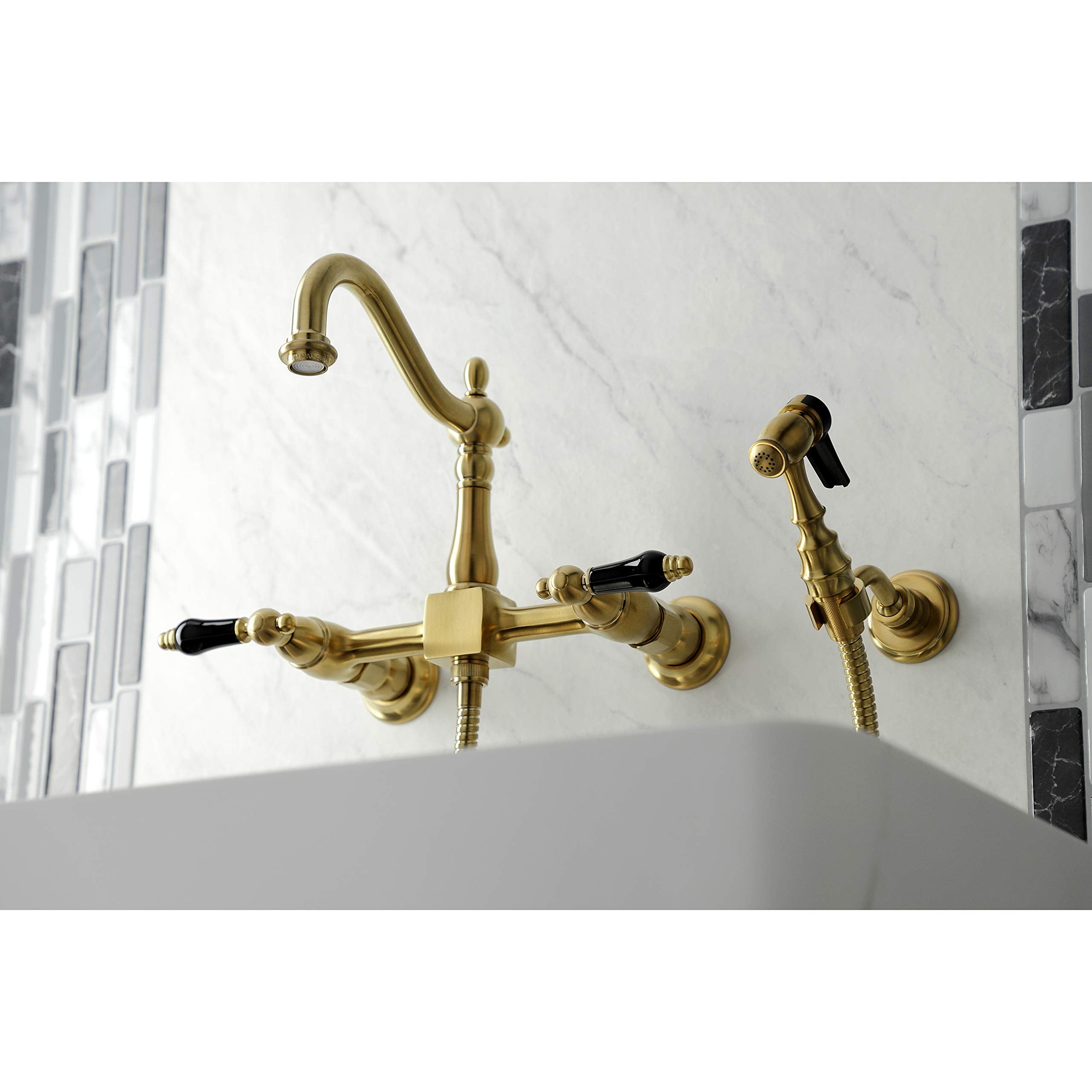 Kingston Brass KS1267PKLBS Duchess Wall Mount Bridge Kitchen Faucet with Brass Sprayer  Brushed Brass