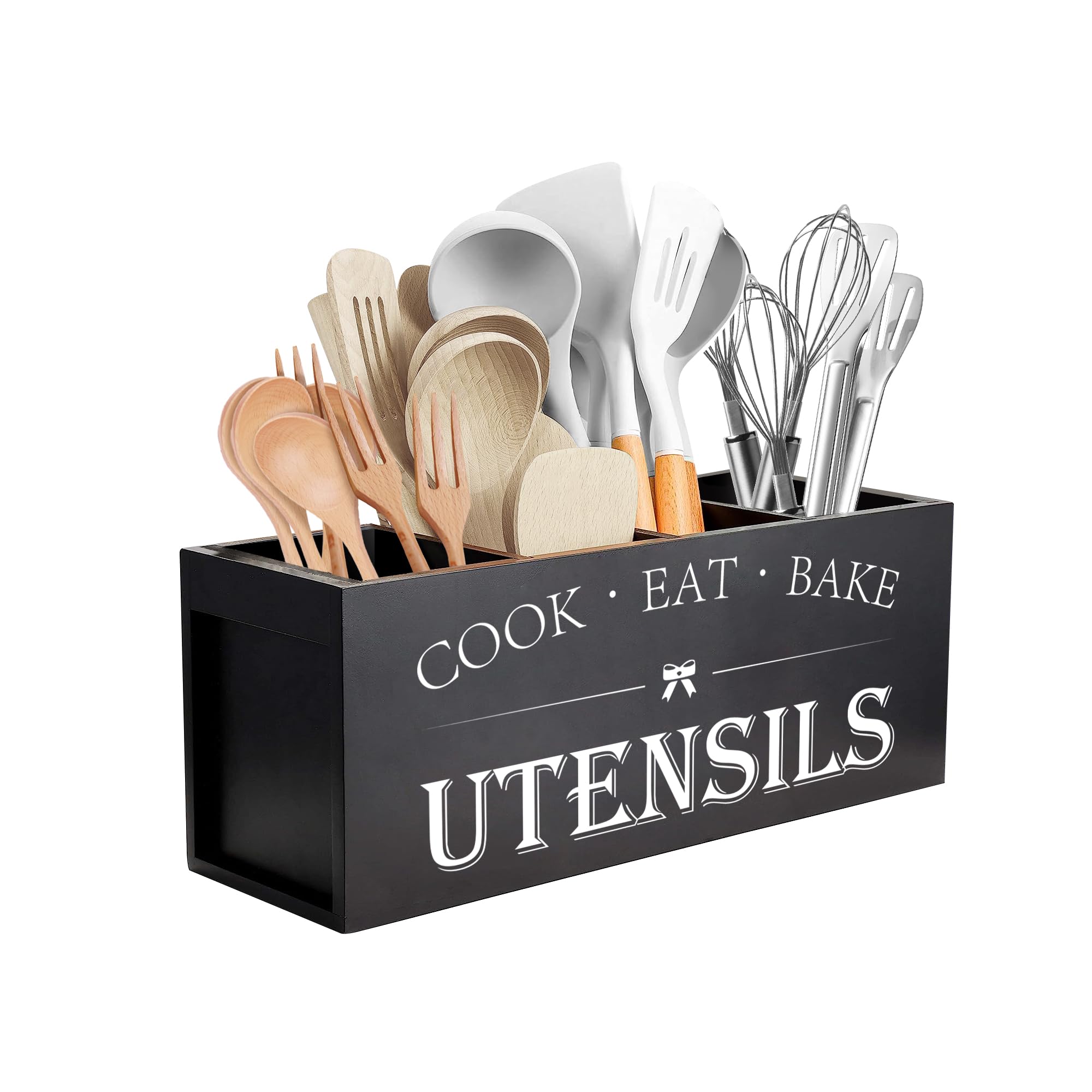 Suli Extra Large Kitchen Utensils Holder With 4 Compartments, Wooden Utensil Organizer For Kitchen Countertop, Farmhouse Kitchen