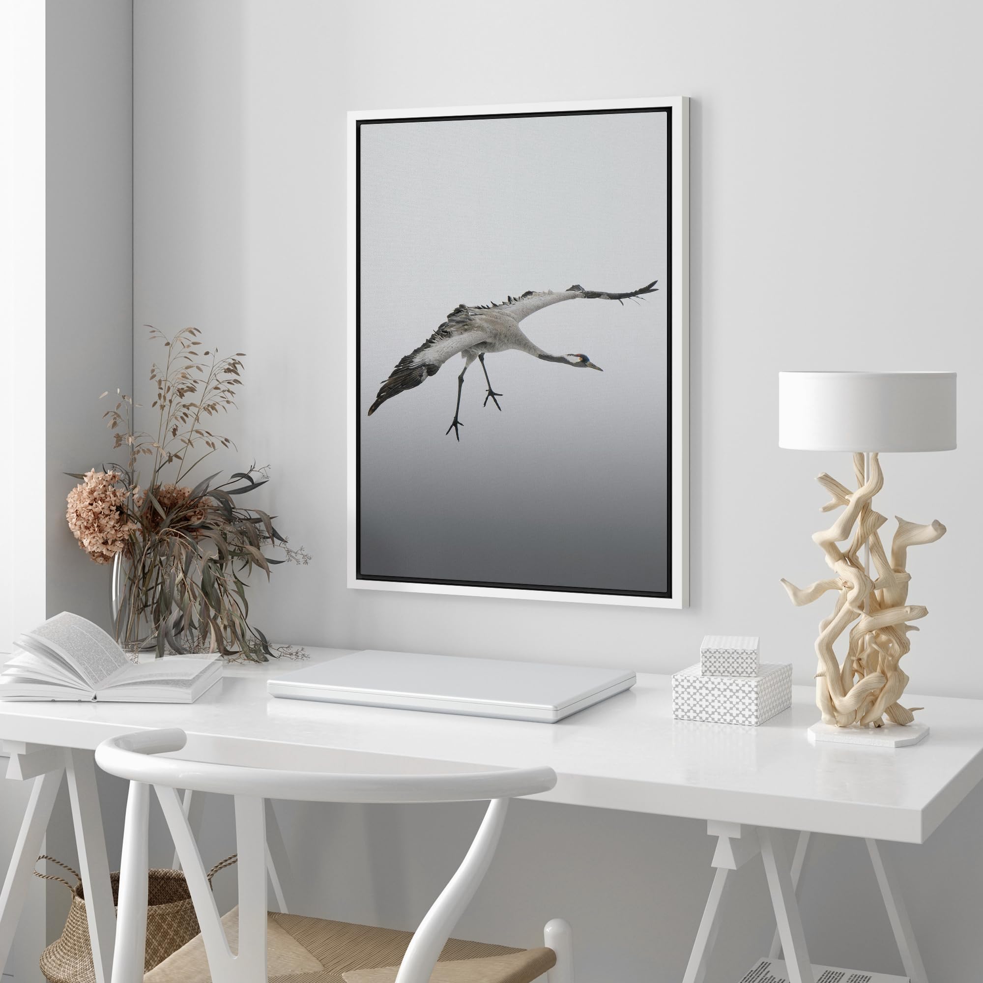 Wall26 Framed Canvas Print Wall Art Graceful Crane In Flight Against A Gray Sky Animals Photography Realism Rustic Scenic Landsc