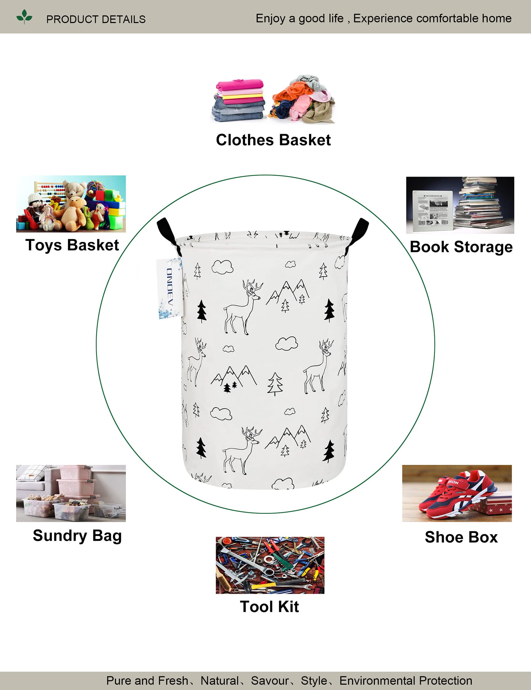 ONOEV Round Fabric Storage Bin Decorative Basket Organizer Basket with Handles for Clothes Storage books and sundries(Forest deer)  19.7inch(H) x 15.7inch(D)