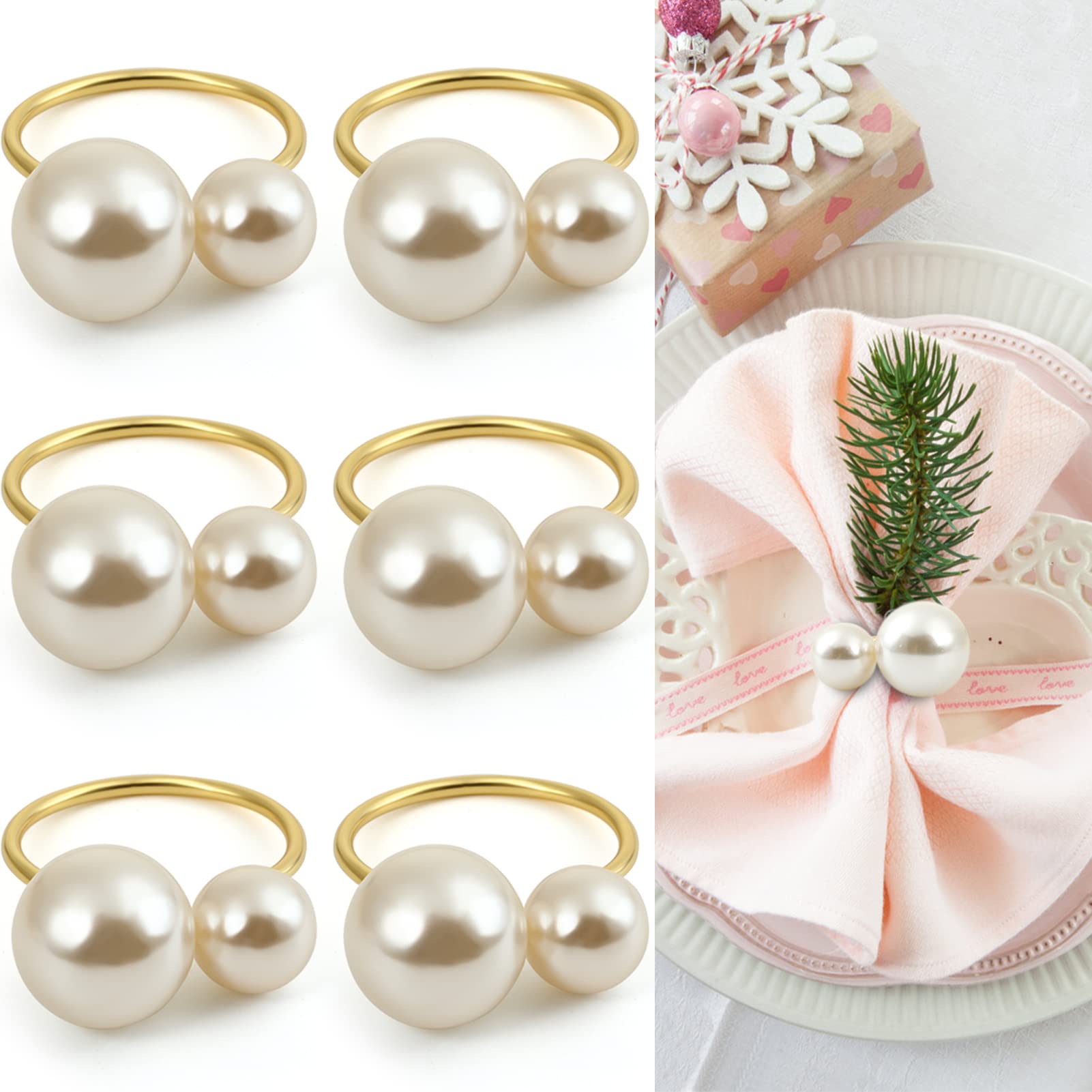 Kesote Pearl Napkin Rings Set Of 6, Gold Napkin Rings Holders For Formal Or Casual Dinning Table Decor