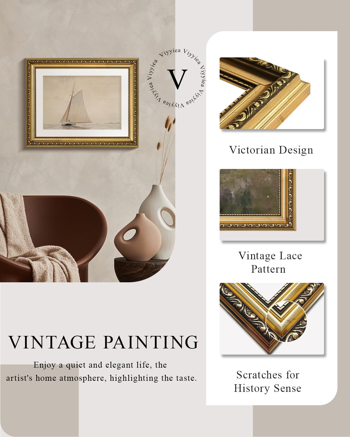 Viyyiea Gold Framed Wall Art Canvas Print Home Decor For Living Room White Sailboat Seascape Watercolor Vintage Beach Painting O