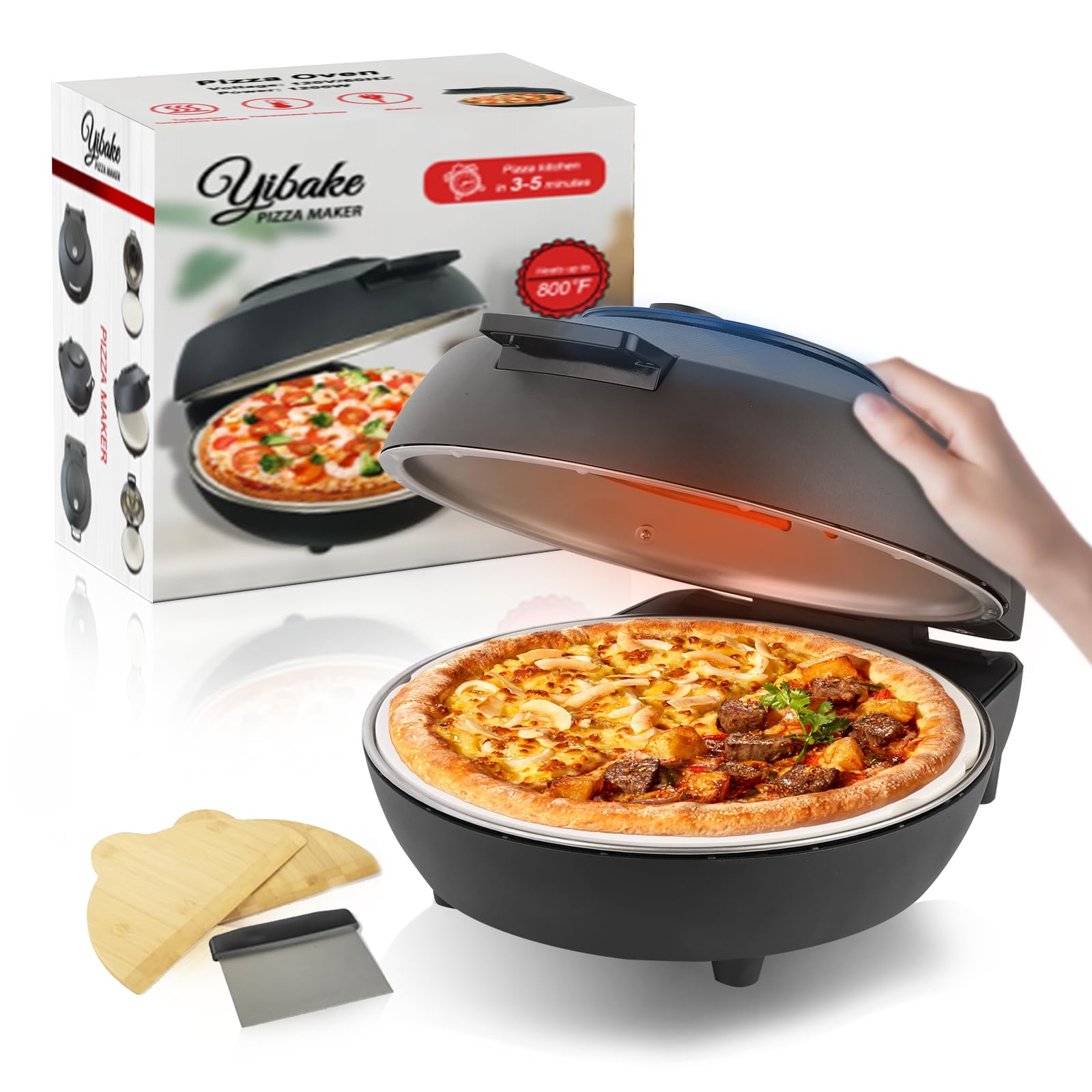 YIBAKE Indoor Pizza Oven- 12 Electric Pizza Maker with Dual Temperature Control, Heats up to 800F, Heat-Insulated Countertop Piz