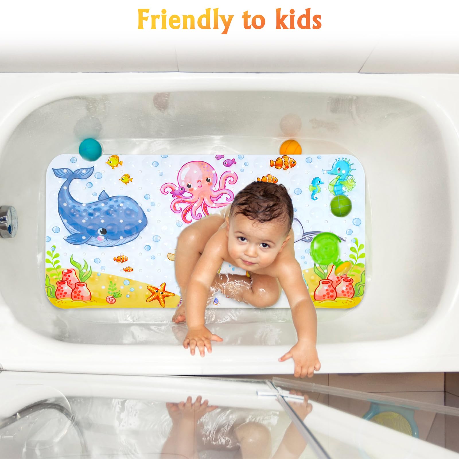Secopad Kids Bath Mat For Tub Non Slip, 27.5In X 15In Large Cartoon Anti Slip Toddler Baby Bathtub Mat, Pink Octopus