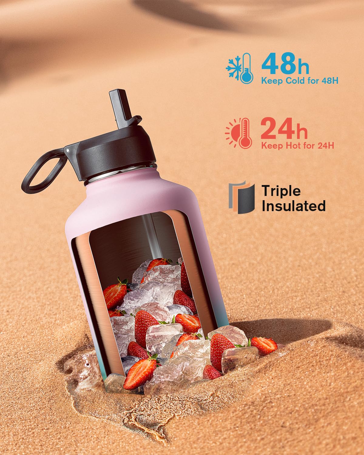 Water Bottle Insulated 64 Oz With Straw & 3 Lids, Coolflask Half Gallon Water Jug Large Metal Stainless Steel Wide Mouth, Non-Bp