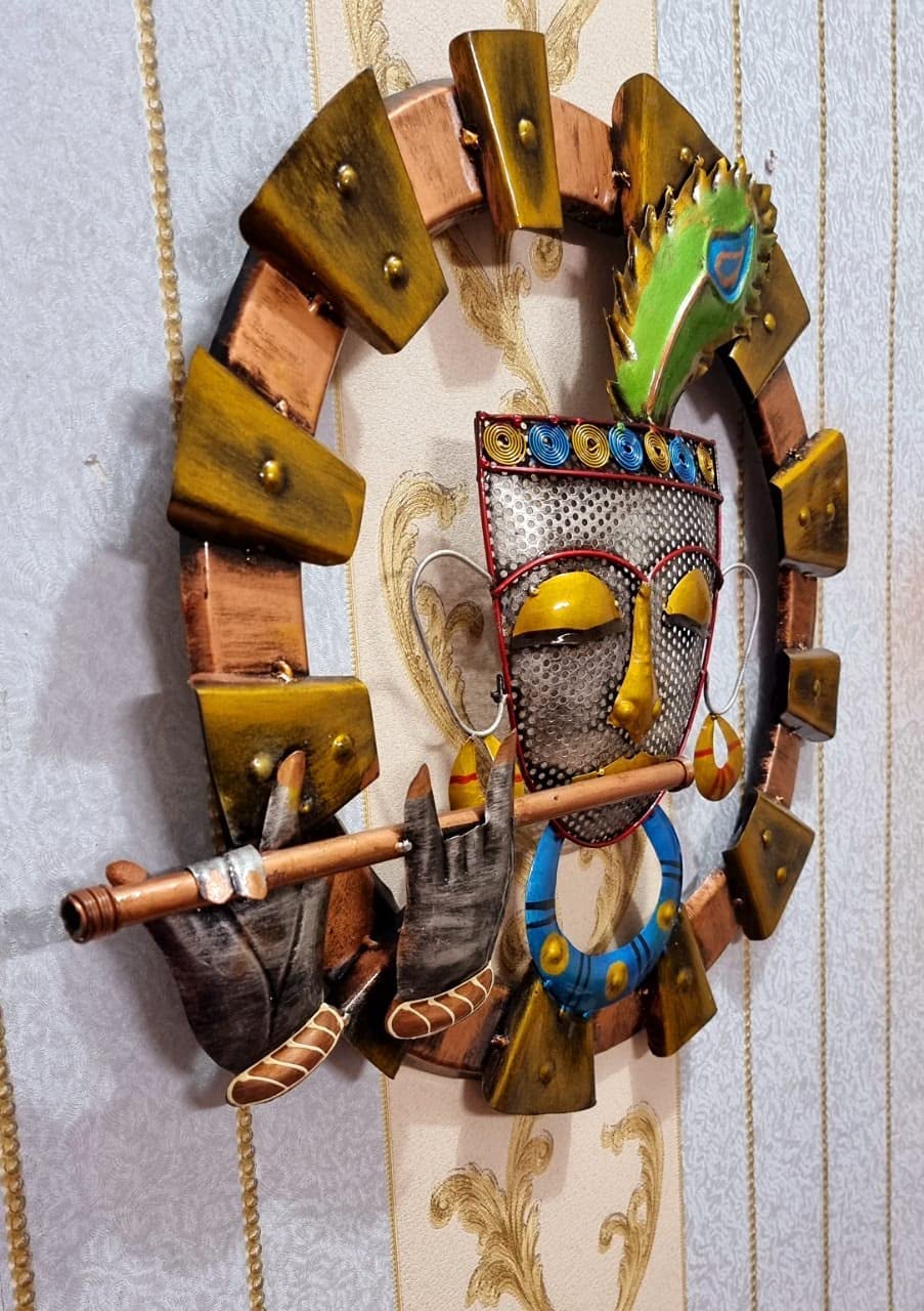 Rsn Rustic Krishna Flute Metal Wall Art Frame, Wall Hangings For Home Decoration, Wall Sculpture For Living Room, Wall Hanging D