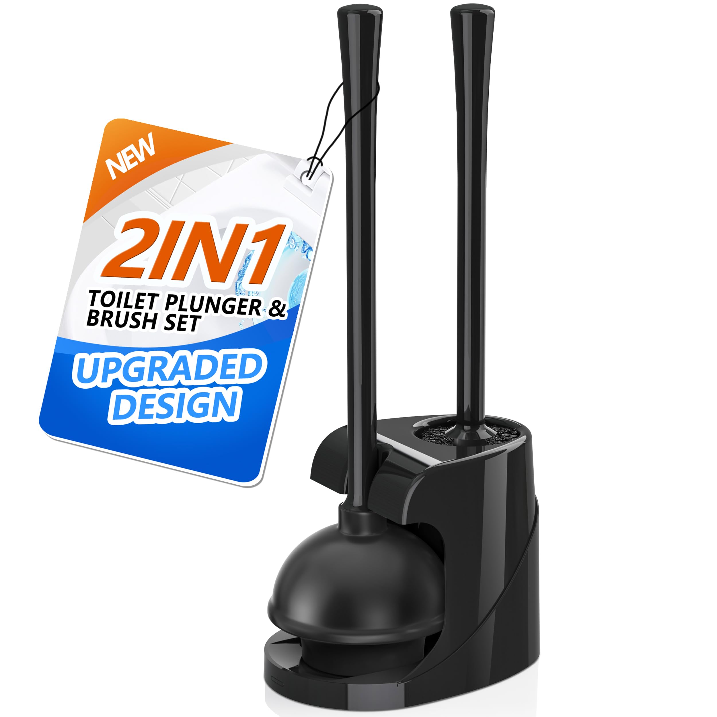 Toilet Plunger and Brush  Bowl Brush and Heavy Duty Toilet Plunger Set with Ventilated Holder  2-in-1 Bathroom Cleaning Combo with Modern Caddy Stand (Black)