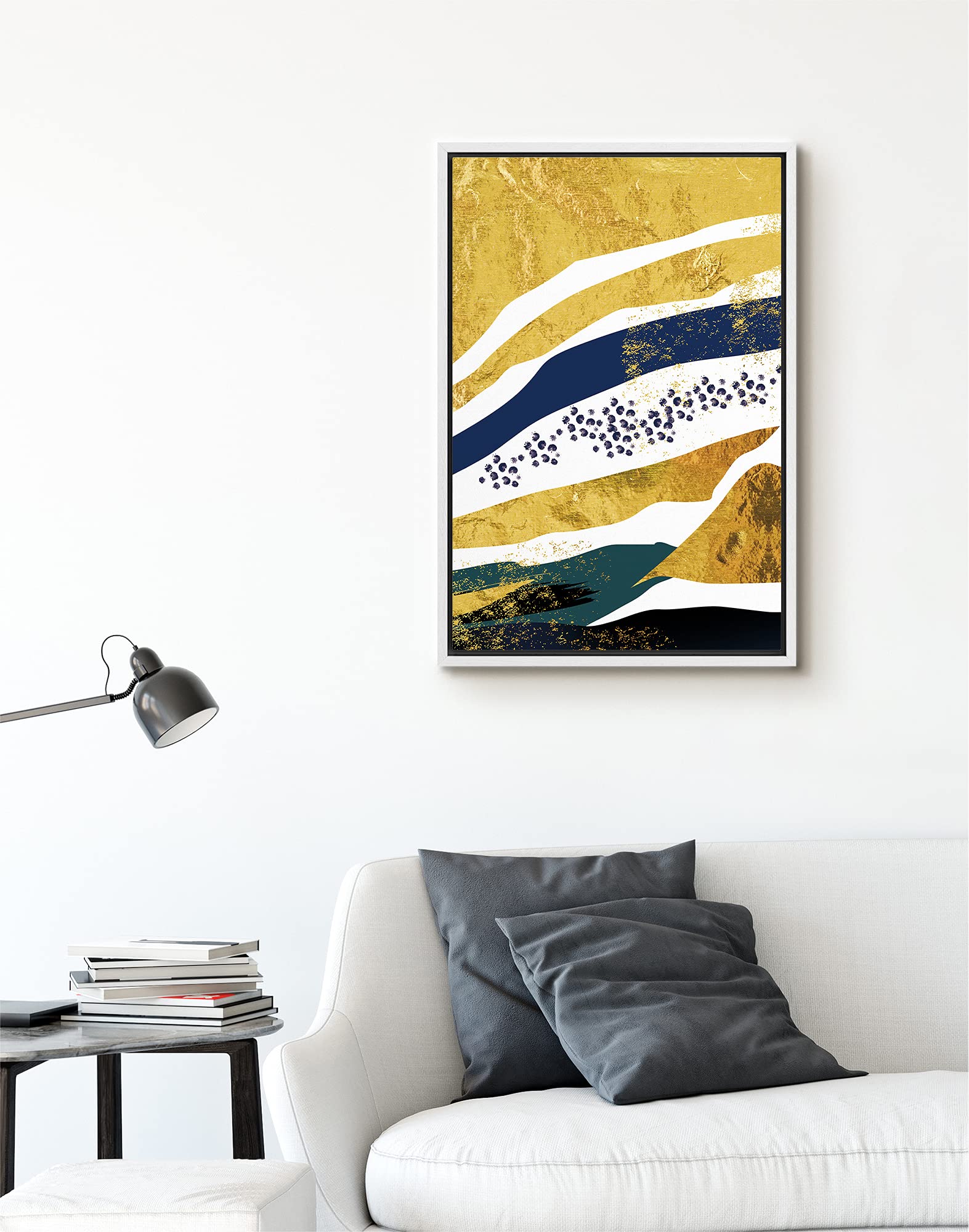 Signford Canvas Print Wall Art Gold Foil, Blue & Black Paint Strokes Abstract Shapes Illustrations Modern Art Alternative Colorf