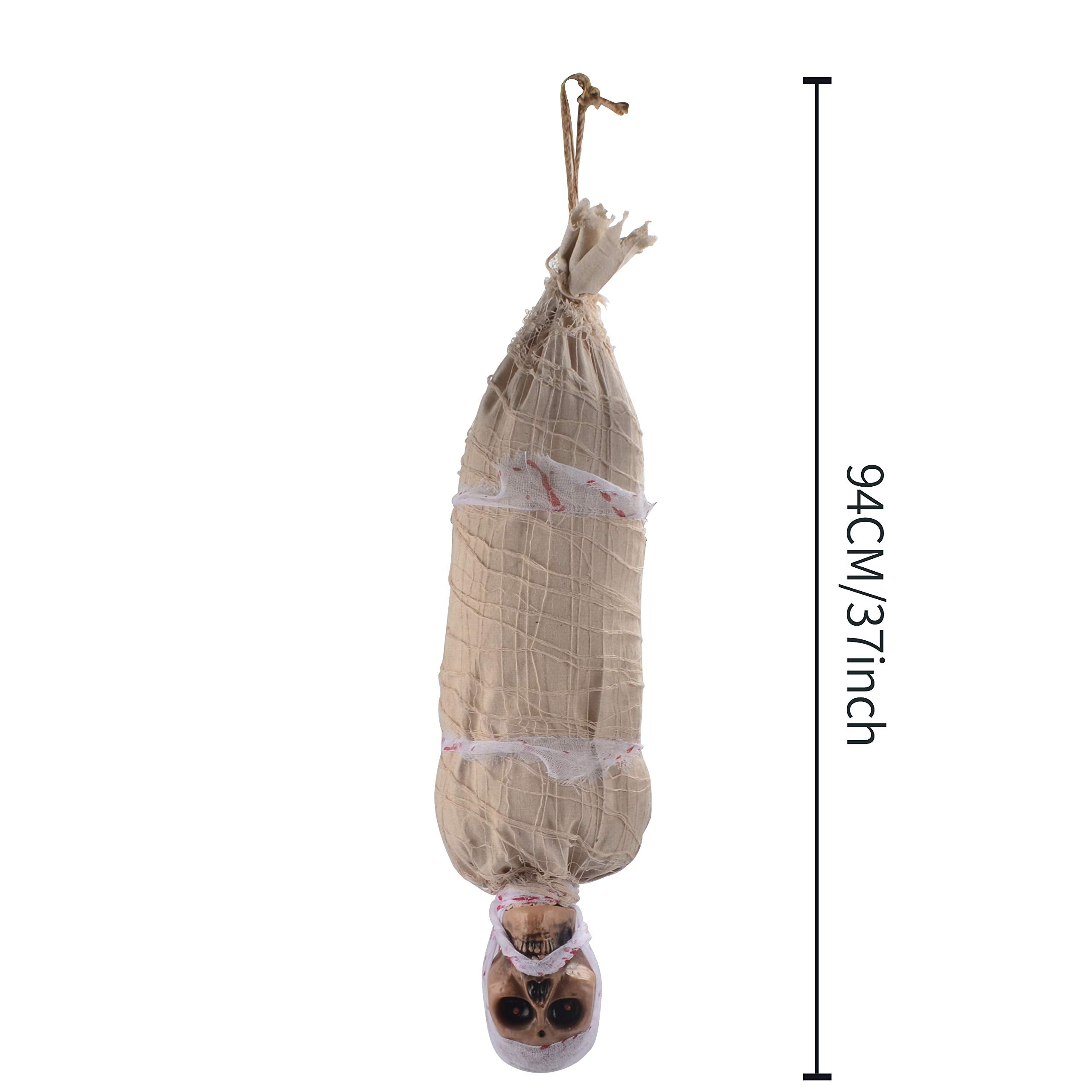 JOYIN 35 Halloween Animated Hanging Cocoon Corpse Decoration, Dead Body Prop with LED Light Up Eyes & Sound Effect, Spooky Corps